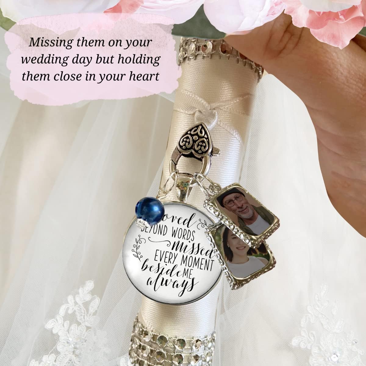 Gutsy Goodness Wedding Memory Charm Loved Beyond Words, Missed Every Moment Memorial Bouquet Jewelry Photo Frames Bronze Silver Cream White Pendant Bridal Flower DIY Picture Template - Image 4