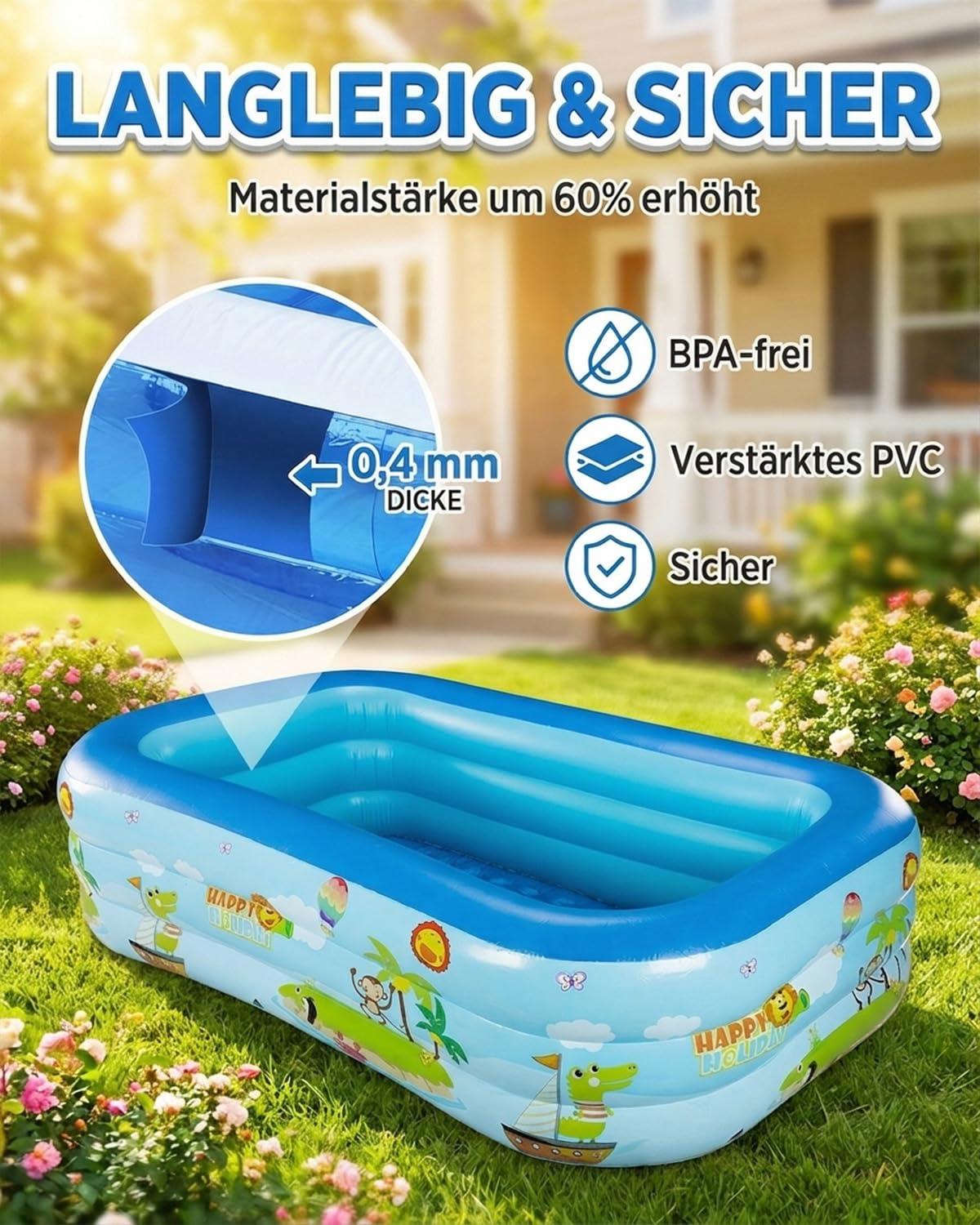 Aufblasbares Planschbecken, 210×135×60CM Planschbecken Kinderpool, Verdicktes PVC-Material Aufblasbarer Kinderpool, 3 Ringen Planschbecken, Tragbare Schwimmbecken für Outdoor Garten