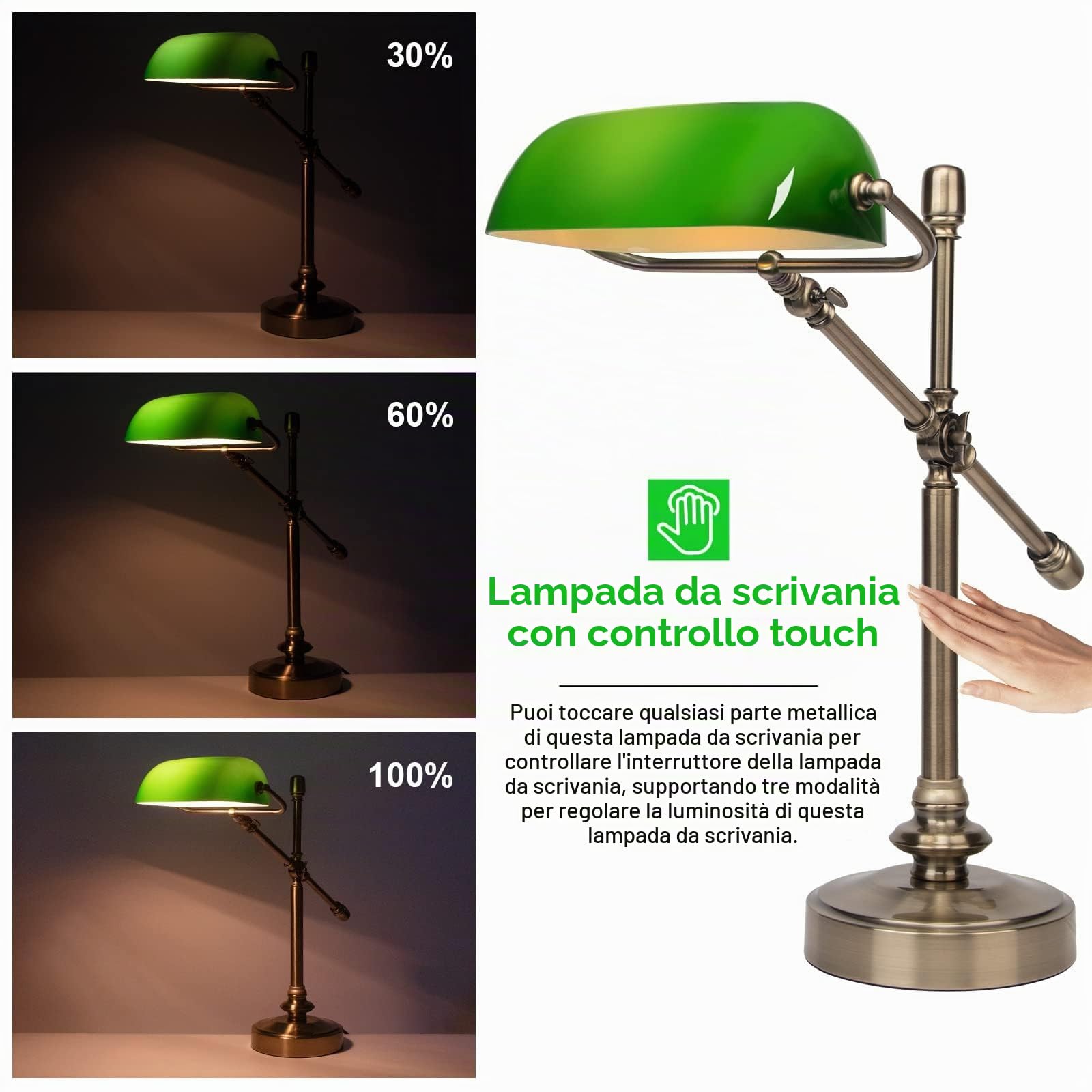 FIRVRE Lampada da banchiere verde, dimmerabile, vintage, LED da scrivania con funzione di ricarica, lampada da tavolo touch, dimmerabile, e27, per studio, casa, ufficio, soggiorno, camera da letto