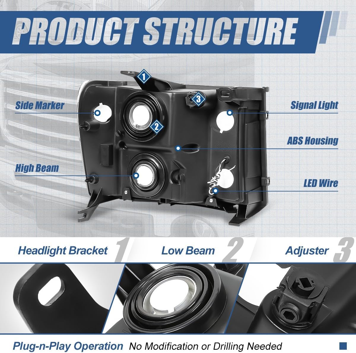 Auto Dynasty LED DRL Headlights Assembly Compatible with 2007-2014 GMC Sierra 1500 2500HD 3500HD, Driver and Passenger Side Halogen Headlamps w/LED Running Light Strip, Black Housing Amber Corner