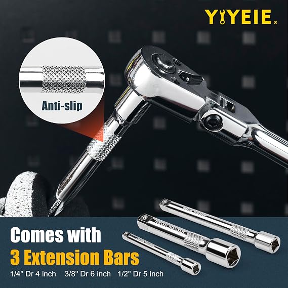 YIYEIE 6-Piece Flex Head Ratchet Set, 1/4, 3/8, 1/2 Drive, Swivel Head Ratchet Wrench with Extension Bar, 72 Tooth, 180 Adjustable, Quick-Release, Flexible Ratchet Handle with EVA Foam