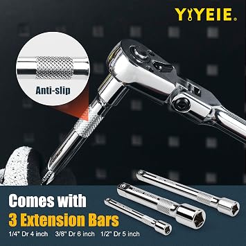 YIYEIE 6-Piece Flex Head Ratchet Set, 1/4, 3/8, 1/2 Drive, Swivel Head Ratchet Wrench with Extension Bar, 72 Tooth, 180 Adjustable, Quick-Release, Flexible Ratchet Handle with EVA Foam
