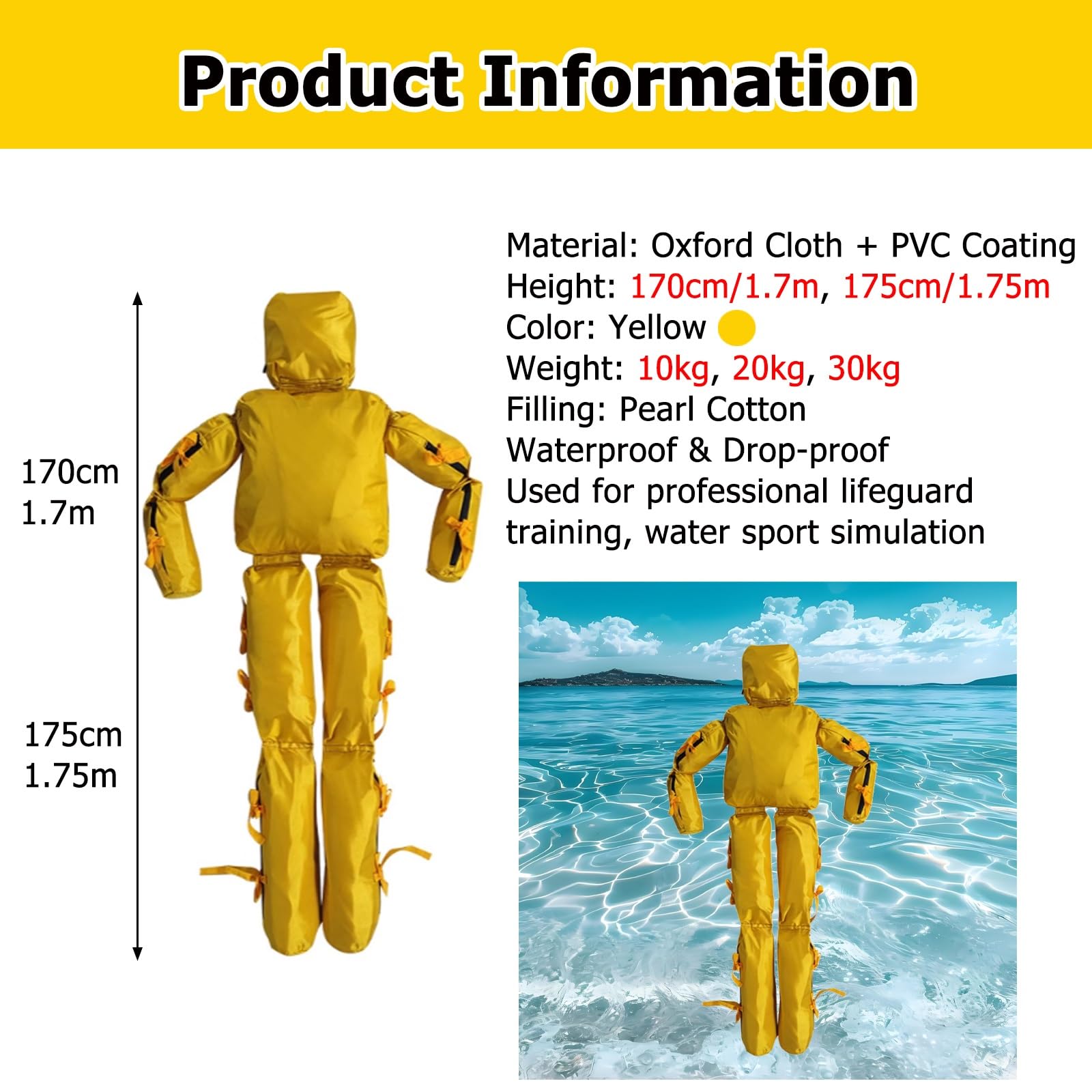Mannequin d'entraînement de sauvetage aquatique pour la prévention de la noyade, outil de pratique de sauvetage réglable pour écoles et communautés