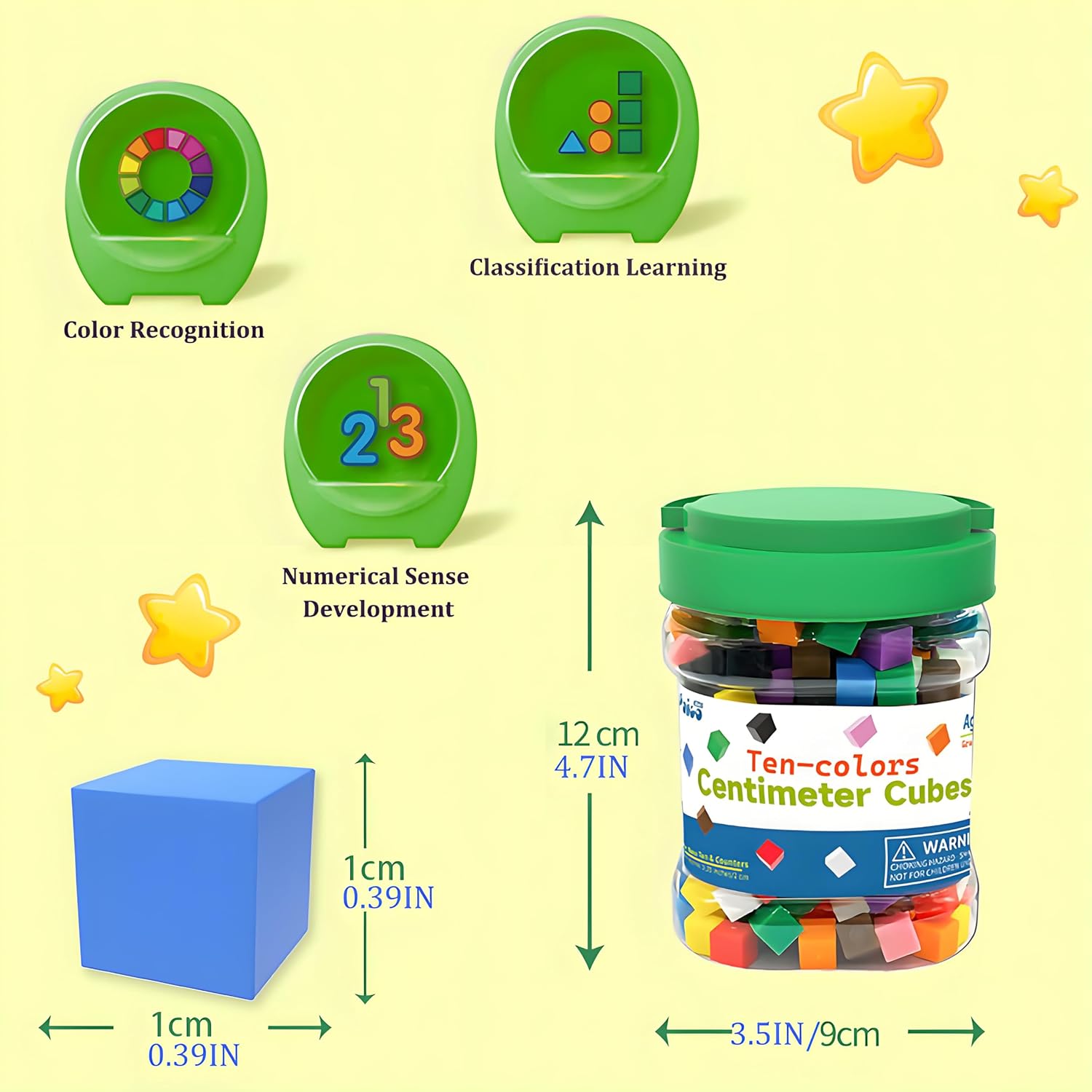 EXBEPE Geometric Solids 300 Pcs,Math Counting Cube,Plastic Color Sorting Stacking Blocks for Kids