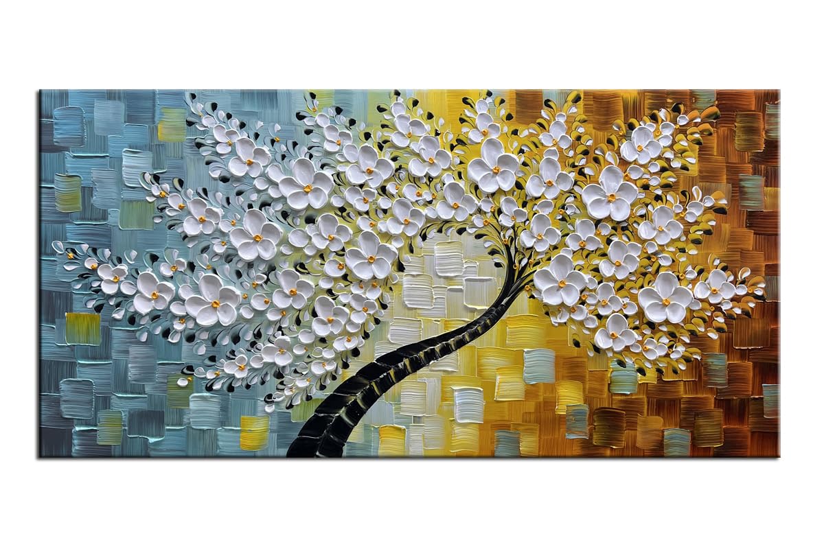 YaSheng Art-Handmade White Flower Contemporary Art Oil Painting On Canvas 3D Texture Abstract Tree Paintings Modern Home Bedroom, Dining Room, Wall Art Decor Ready to Hang20x40inch