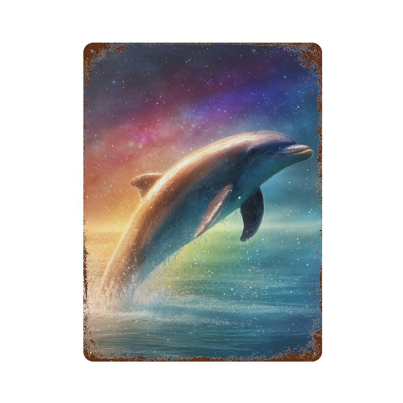 Rainbow Dolphin Splash Retro Metal Sign 15.7"x11.8", Decorative Metal Wall Art for Garage, Bar And Workshop Decor