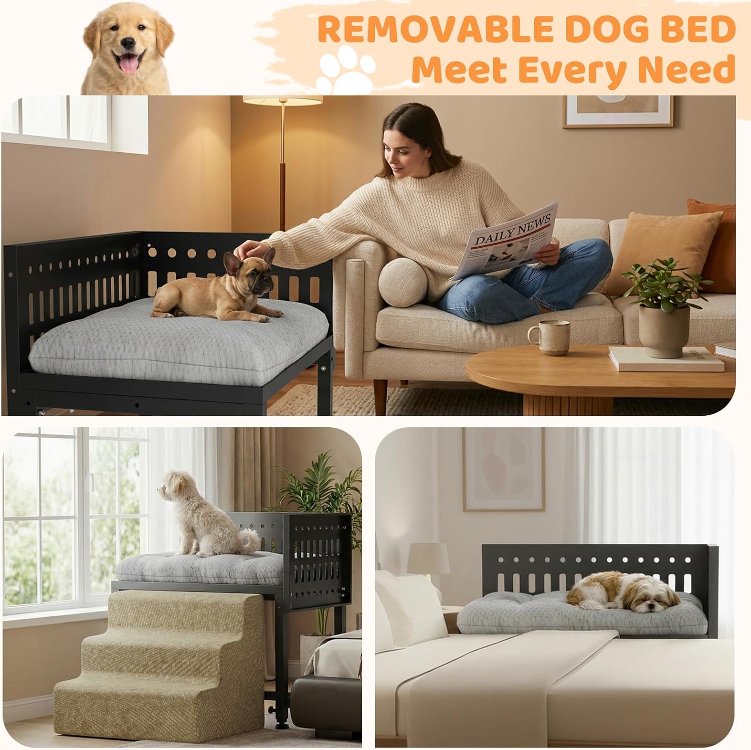 Beside Dog Bed,2 Panels Adjustable Height Dog Bunk Beds,26.8”x18.1” Metal Frame & Cushion, Converts to Bunk Bed or Bed Extension Attachment for Human Bed, for Small/Medium Dogs