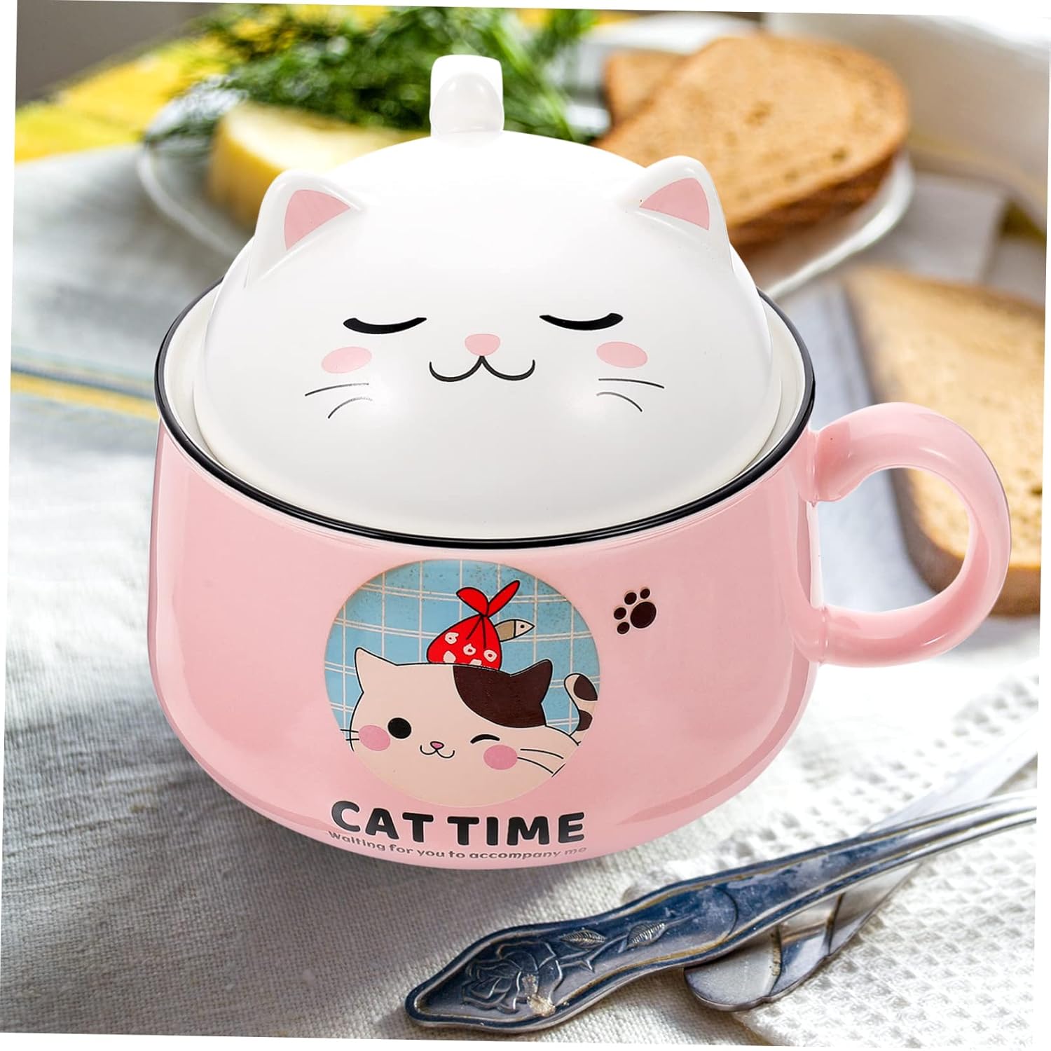 Instant Noodles Container Cartoon Decorative Soup Bowl Handle Ceramic Cat Design for Kitchen Tableware for Soups Grains Pasta and Rice