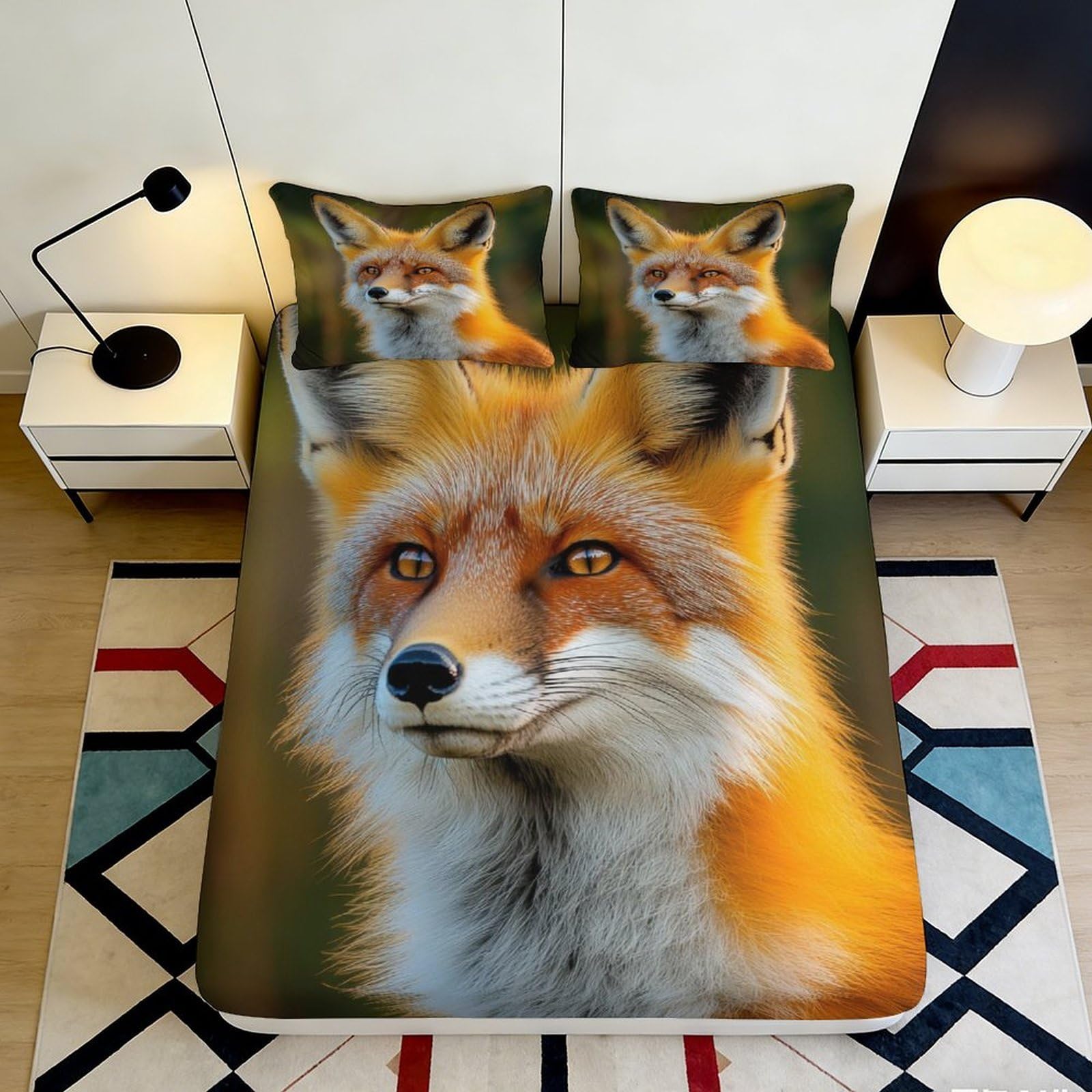 3D Printed Fox Pattern Fitted Sheet Microfiber Deep Pocket Non-Slip Bedroom Bedding Fox Mattress Fitted Cover for Adults 160x200x25cm