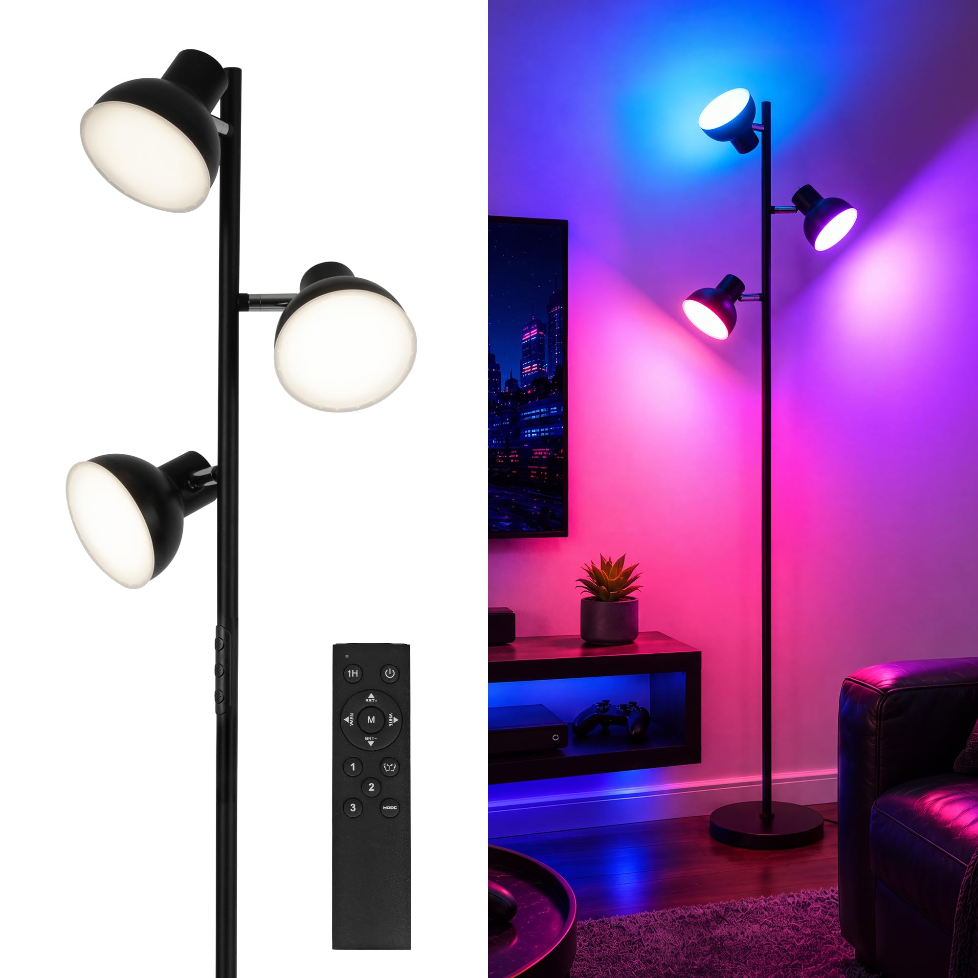 Lampada da terra a 3 luci RGB LED, moderna lampada da terra con telecomando e interruttore touch, 36W dimmerabile, teste regolabili, perfetta per soggiorno, camera da letto, lettura e casa AVEN FL08
