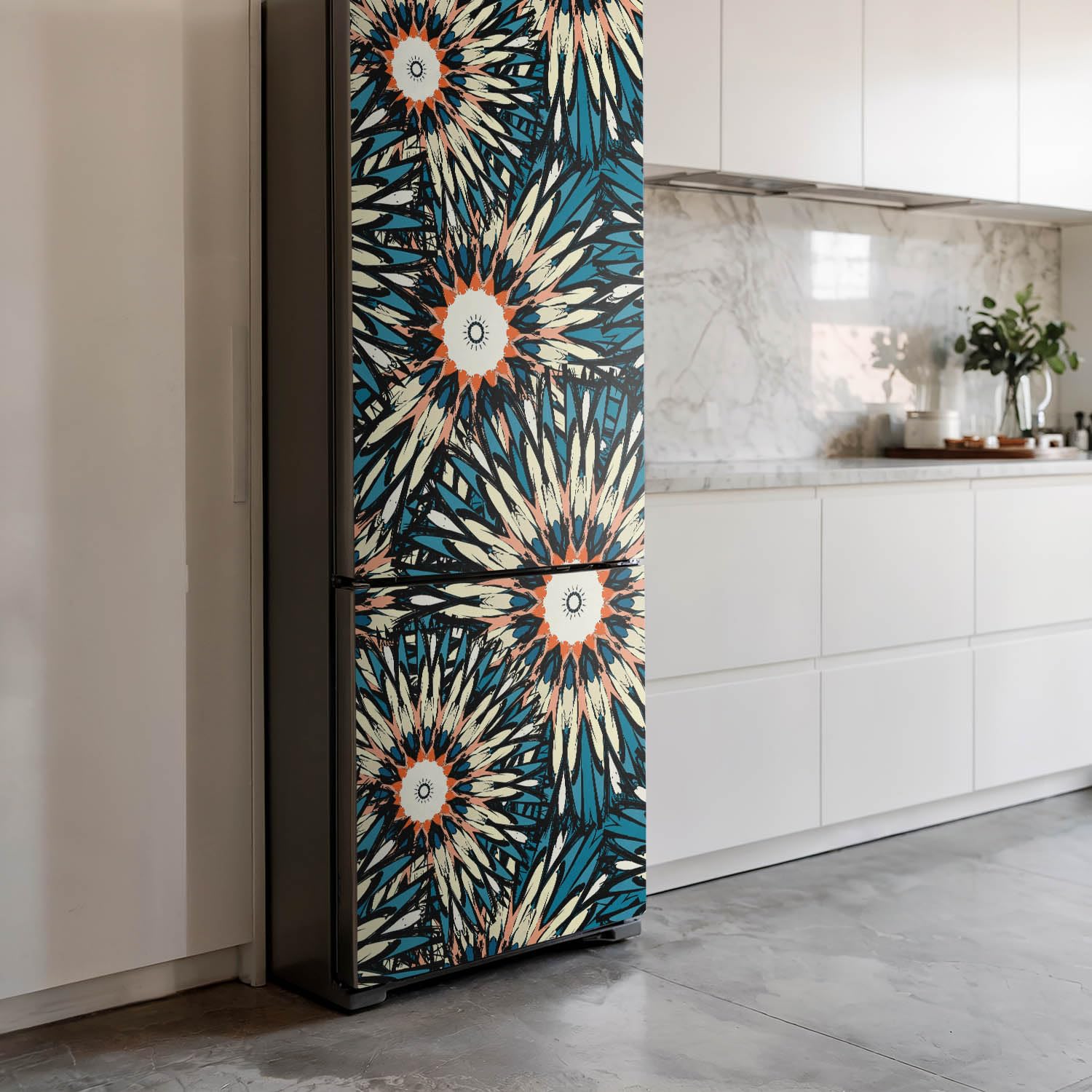 Autocollant pour Réfrigérateur 60x190 cm Protection Contre les Dégâts Décalcomanie pour Cuisine Auto-adhésif Décoration Couvrant Entièrement Sticker - Motif floral avec des rayons