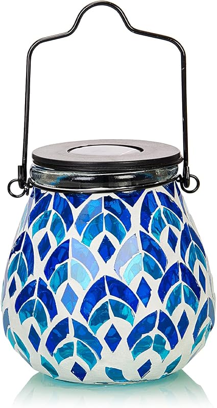 Afirst Outdoor Solar Lantern Waterproof Mosaic Glass Hanging Garden Light | Blue feather mosaic glass, warm patterned glow, solar auto on/off, IP44 waterproof, hanging or tabletop patio garden decor