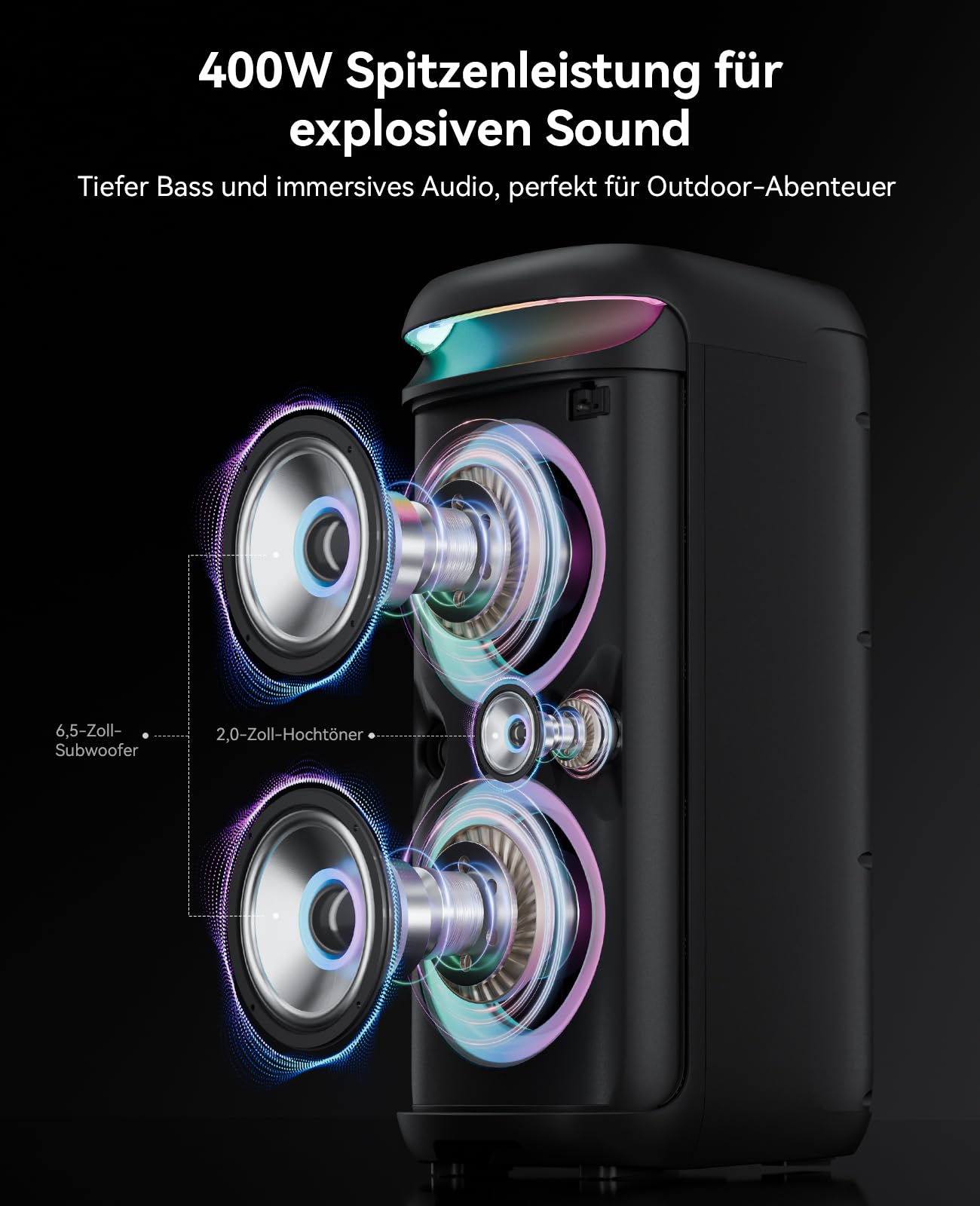 GKD60 Karaoke Maschine mit 2 Mikrofonen 4-13 Stunden Akkulaufzeit Karaoke Anlage 500W Spitzenleistung, 8000mAh Bluetooth-Lautsprecher mit LED Discolicht, FM Radio, TWS, TF/USB/AUX für Outdoor Party