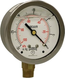 Winters PFQ Series Stainless Steel 304 Dual Scale Liquid Filled Pressure Gauge with Brass Internals, 30"Hg Vacuum/kpa, 2-1/2" Dial Display, -1.5% Accuracy, 1/4" NPT Bottom Mount