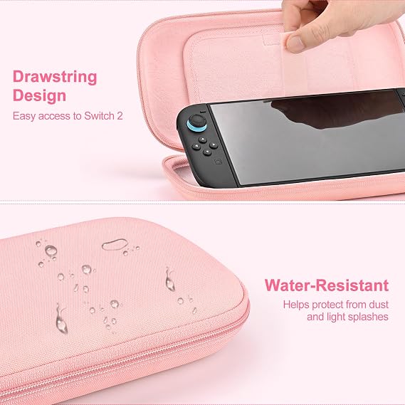 innoAura Switch 2 Case Ultra Thin Switch 2 Case for Switch 2 Console 900D Felt Structure 9 Playing Card Slots 2 SD Card Slots Tracker Compartment Double Zips Handle Pink