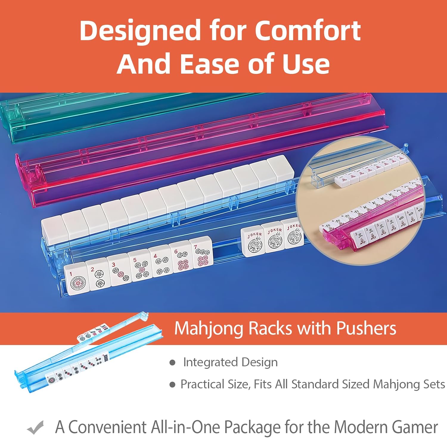 Mahjong All-in-One Tile Rack & Pusher, Clear Acrylic Mahjong Rack and Pusher Combo, Modern American Majiang Tile Racks Set of 4 (Multi-Color)