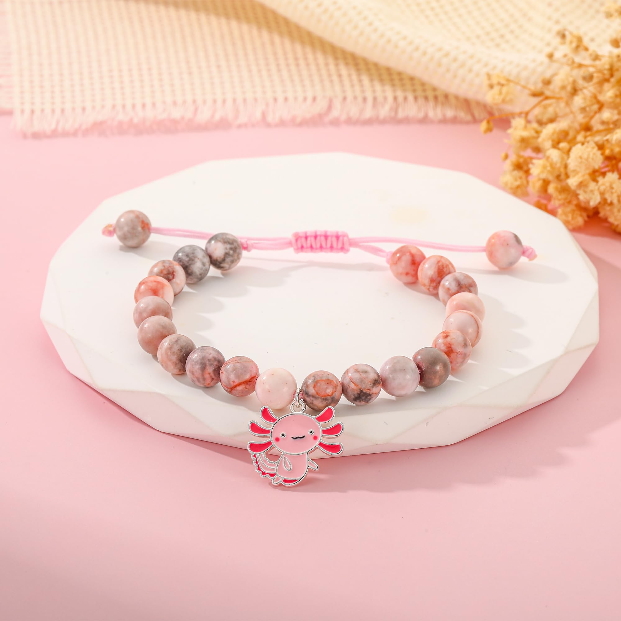 Aretas Axolotl Armbänder für Mädchen Kinder Rosa Perle und Strass Kugeln/Rosa Naturstein Armband mit Axolotl Anhänger Cute Stuff Kleine Schmuck Süße Sachen kinderschmuck Geschenke für Enkelin, Tochter