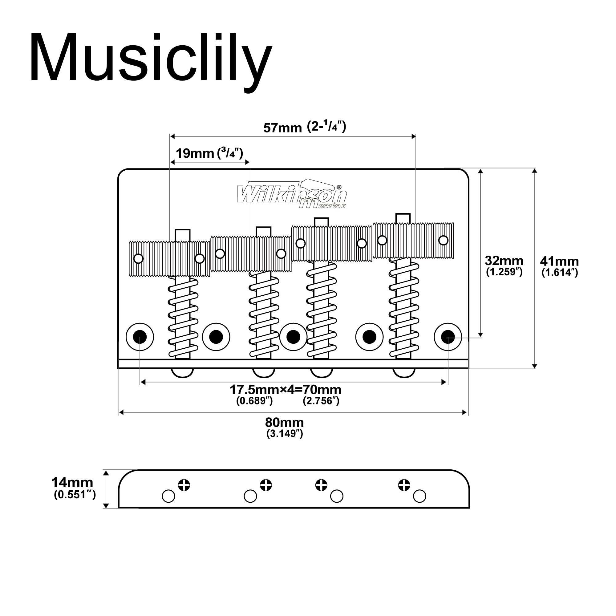 Wilkinson WOB41T 57mm(2-1/4 inch) 4-String Bass Bridge Threaded Saddles for Precision/Jazz Bass, Chrome - Image 2