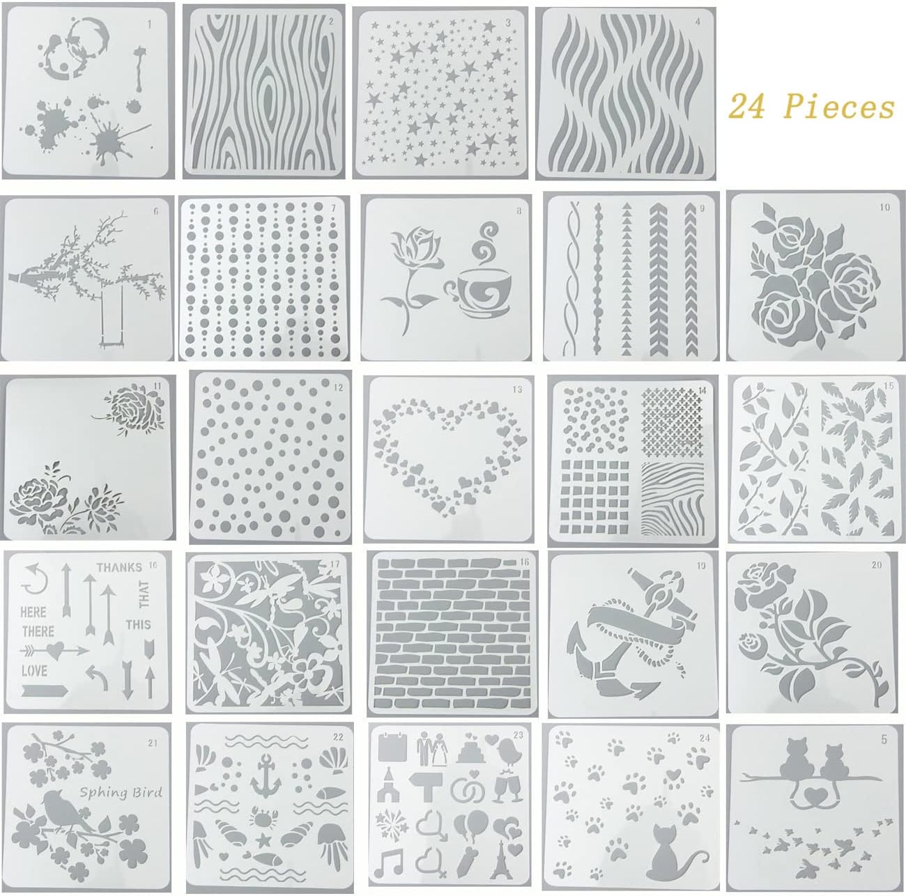 Ai-life 24Pcs Bullet Journal Stencil Plastic Planner Template Set for Journal/Notebook/Diary/Scrapbook DIY Drawing/Card/Wood Burning/DIY CraftTemplate Stencil, 13x13cm