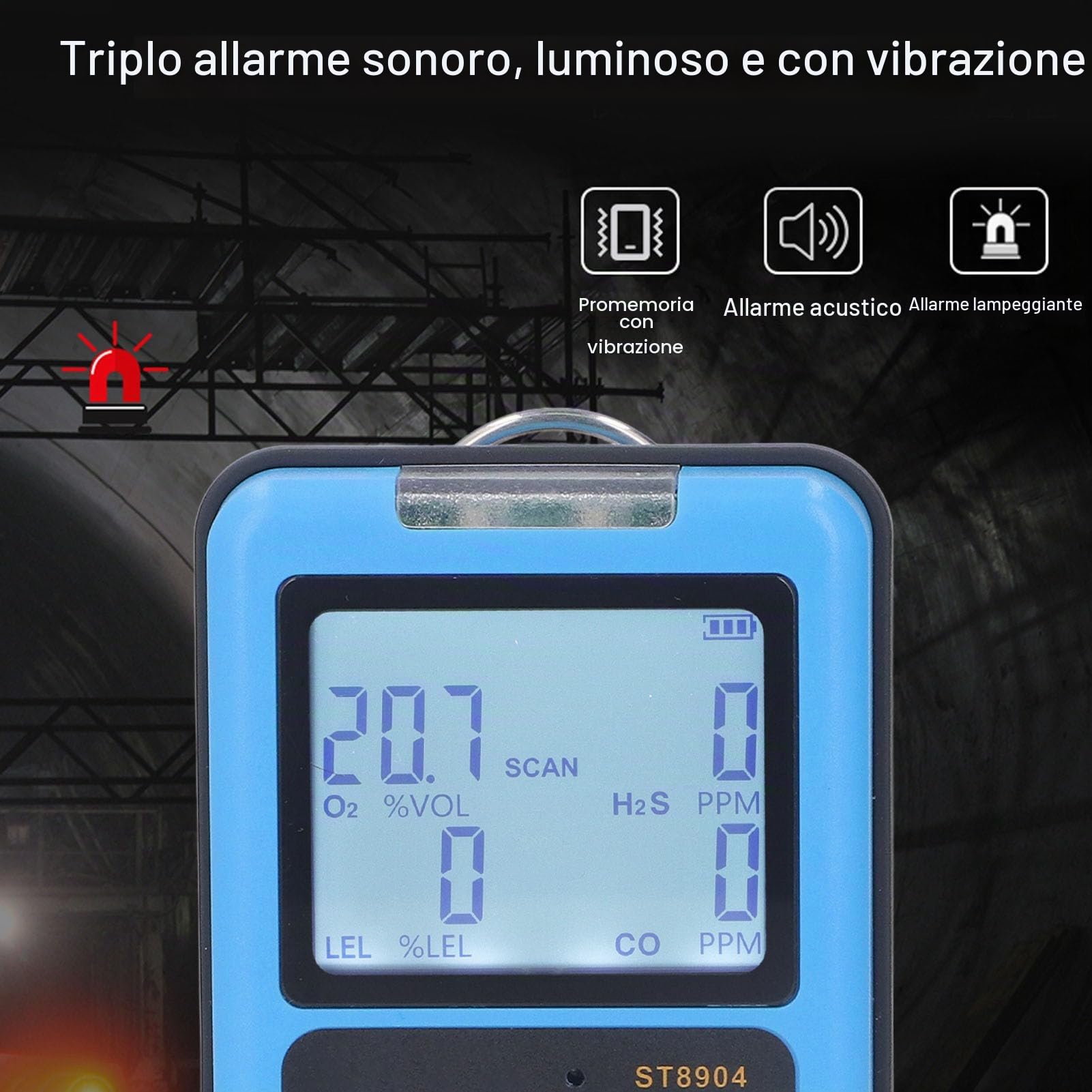 Rilevatore Gas 4 in 1 Portatile, Monitor Multigas CO H2S O2 CH4, Alta Sensibilità con Display Retroilluminato, Allarme Sonoro/Vibrazione/Luce, Ricaricabile USB per Industria e Laboratorio