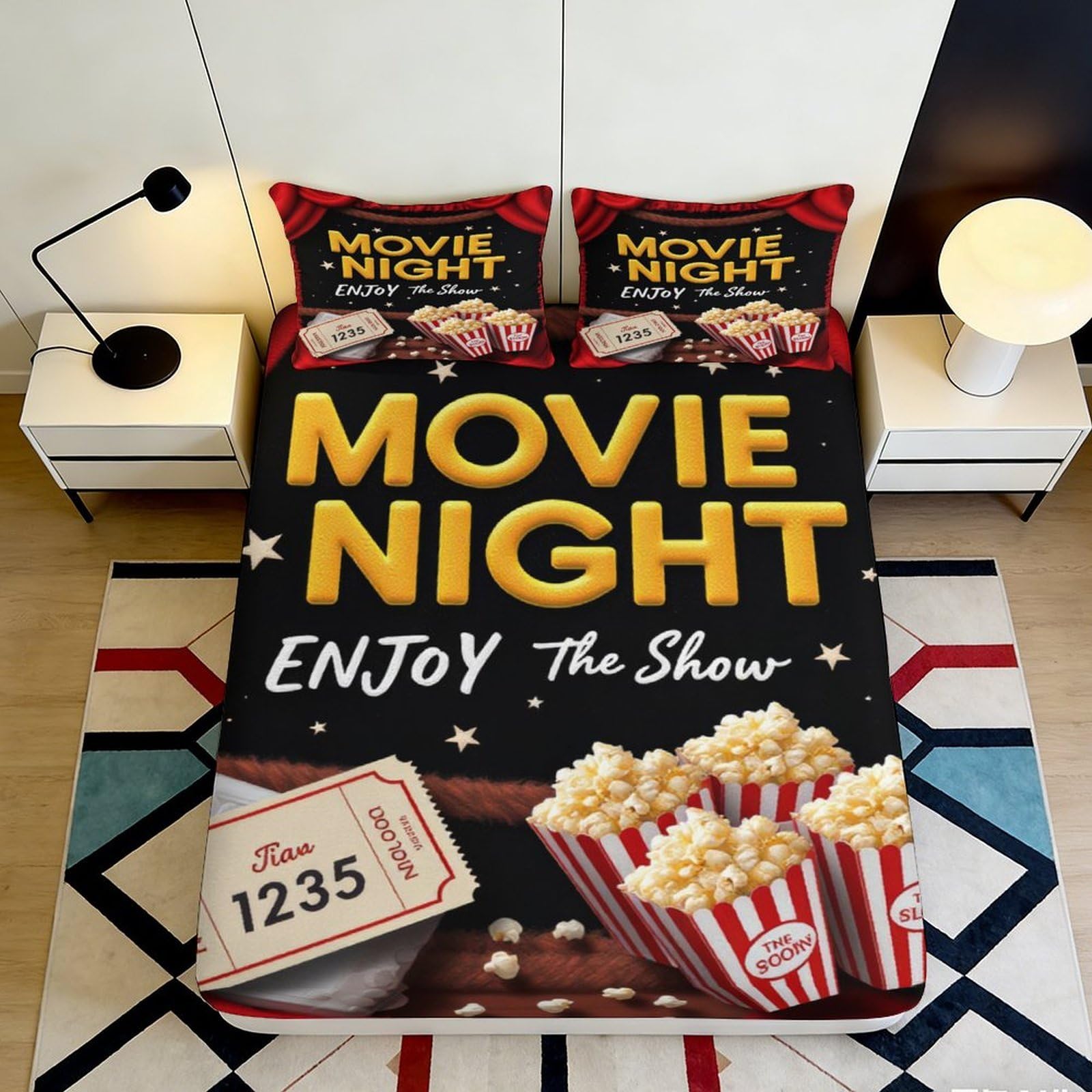 3D Printed Movie Night Fitted Sheet Microfiber Soft Bed Cover Popcorn Ticket Pattern for Bedroom Dorm Decor 90x200x25cm