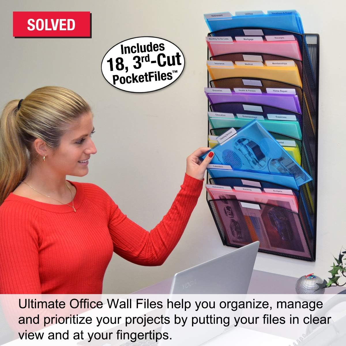 Ultimate Office Mesh Wall File Organizer, 8 Tier Vertical Mount Hanging File Sorter. Multipurpose Display Rack Includes 18, 3rd Cut PocketFile Clear Document Folder Project Pockets (Black) : Office Products