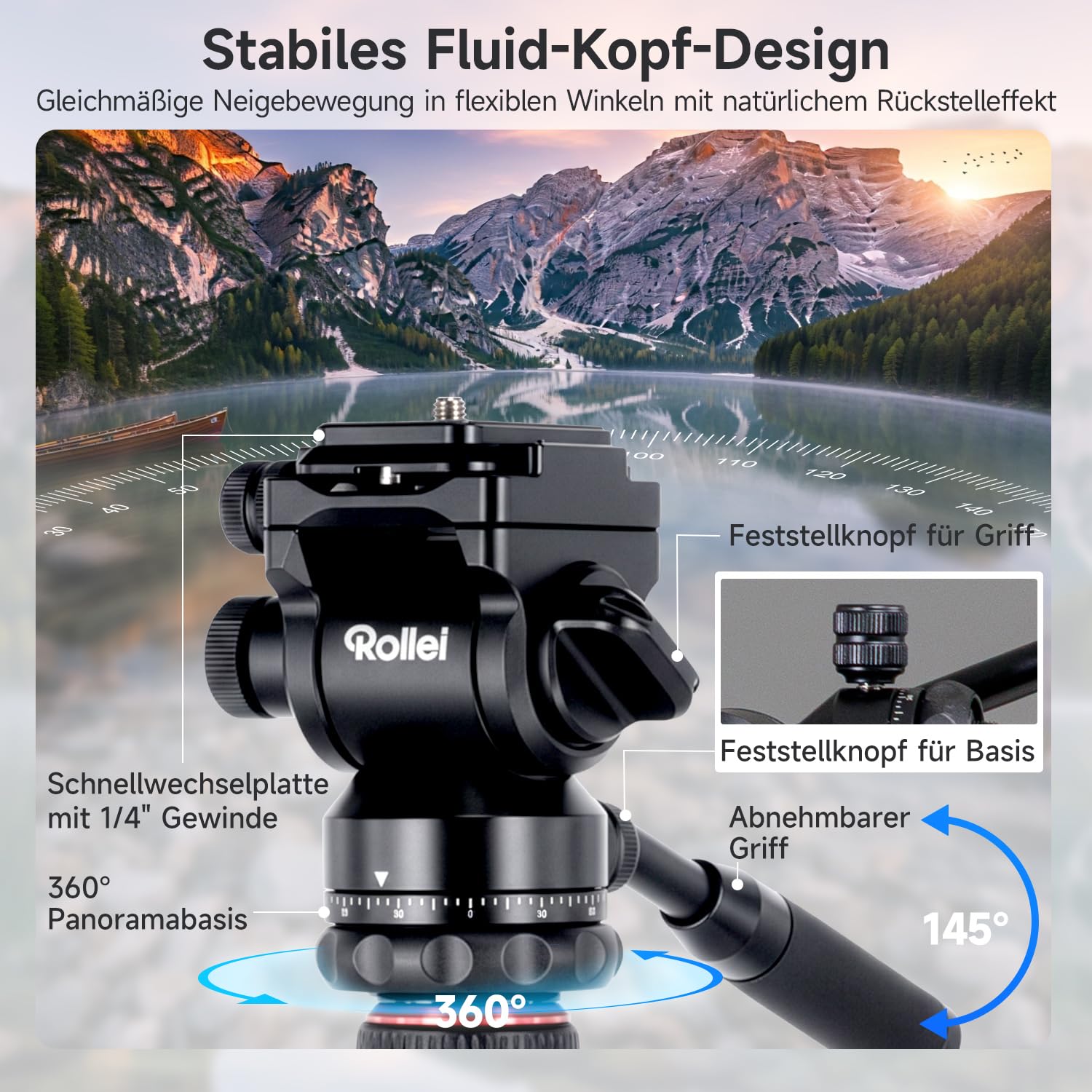 Rollei Compact Traveler No.2 XL Video Stativ Kamera mit Auslegearm 212cm Aluminium Kamerastativ mit Fluidkopf & Einbeinstativ Dreibeinstativ mit Handhalterung, Kamera-Stativ-Camera-Tripod-Fotostativ