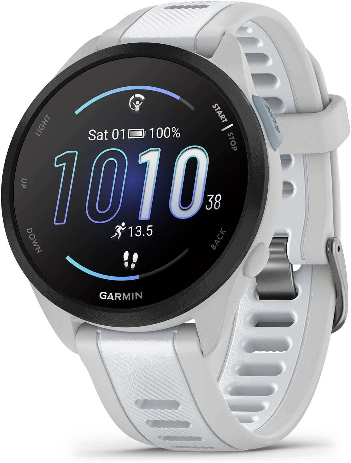 Forerunner 165-43mm, Mist Grey/Whitestone | Lightweight GPS Runners Sports Watch with Colourful AMOLED Display | Up to 11 Days of Battery Life & Touchscreen and Buttons | Built-in Sports Apps