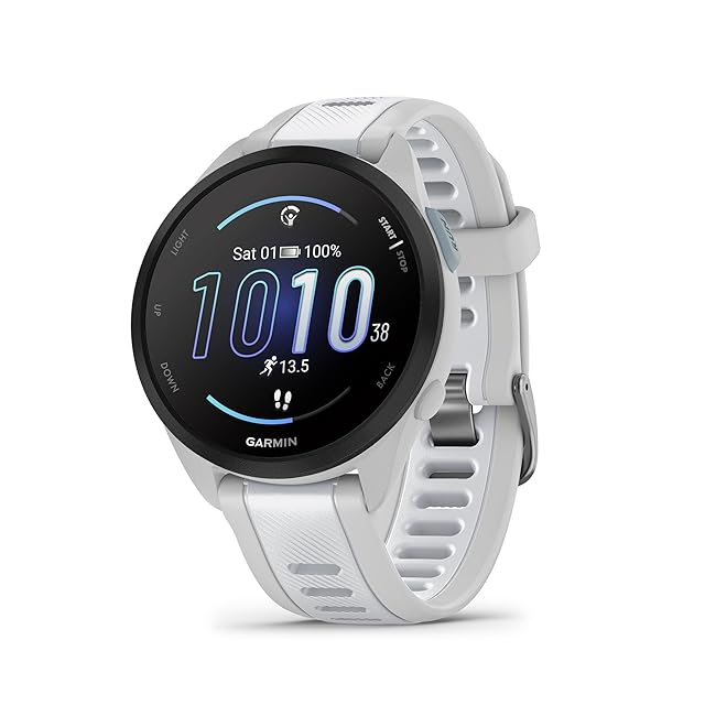 Garmin Forerunner 165 running smartwatch in whitestone with the colorful AMOLED display showing the training-readiness score and a runner's stats, on a wooden coffee table — the first-time-Garmin pick under $250 with recovery insights and training metrics launched 2024