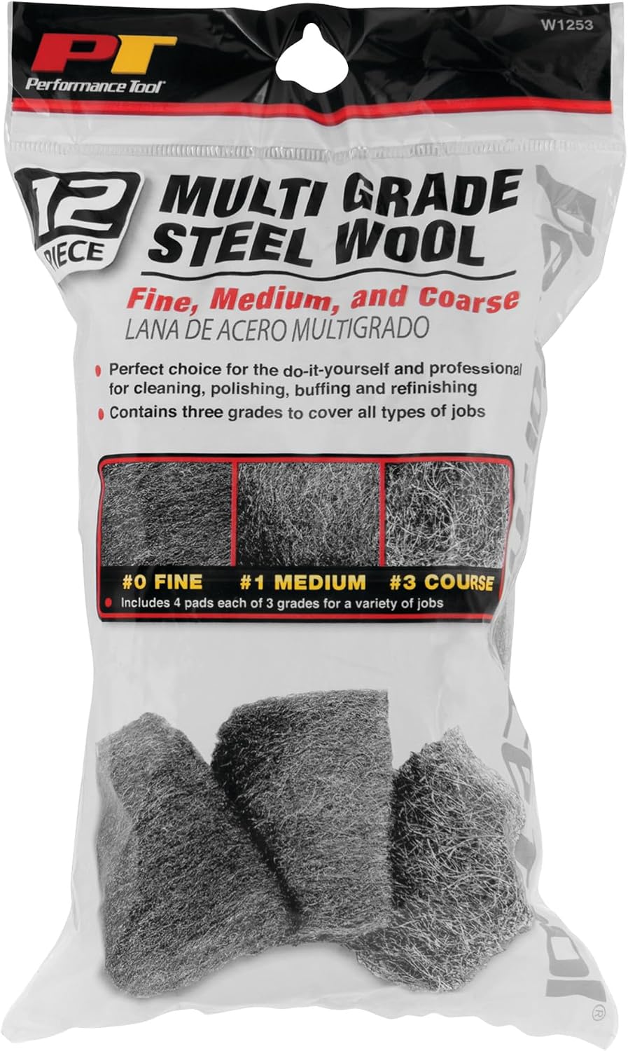 Performance Tool W1253 Multi Grade Steel Wool - Versatile Hand Pad for Cleaning, Sanding, and Polishing Surfaces with Ease