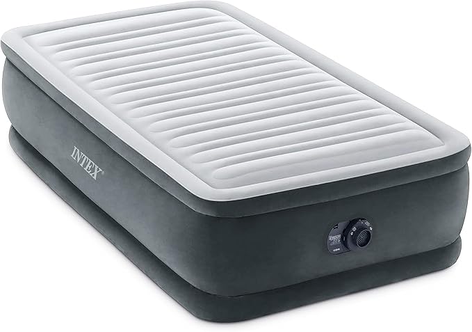 Intex Dura-Beam Deluxe Comfort-Plush Elevated: Fiber-Tech – Queen Size – Built-in Electric Pump – 18in Bed Height – 600lb Weight Capacity