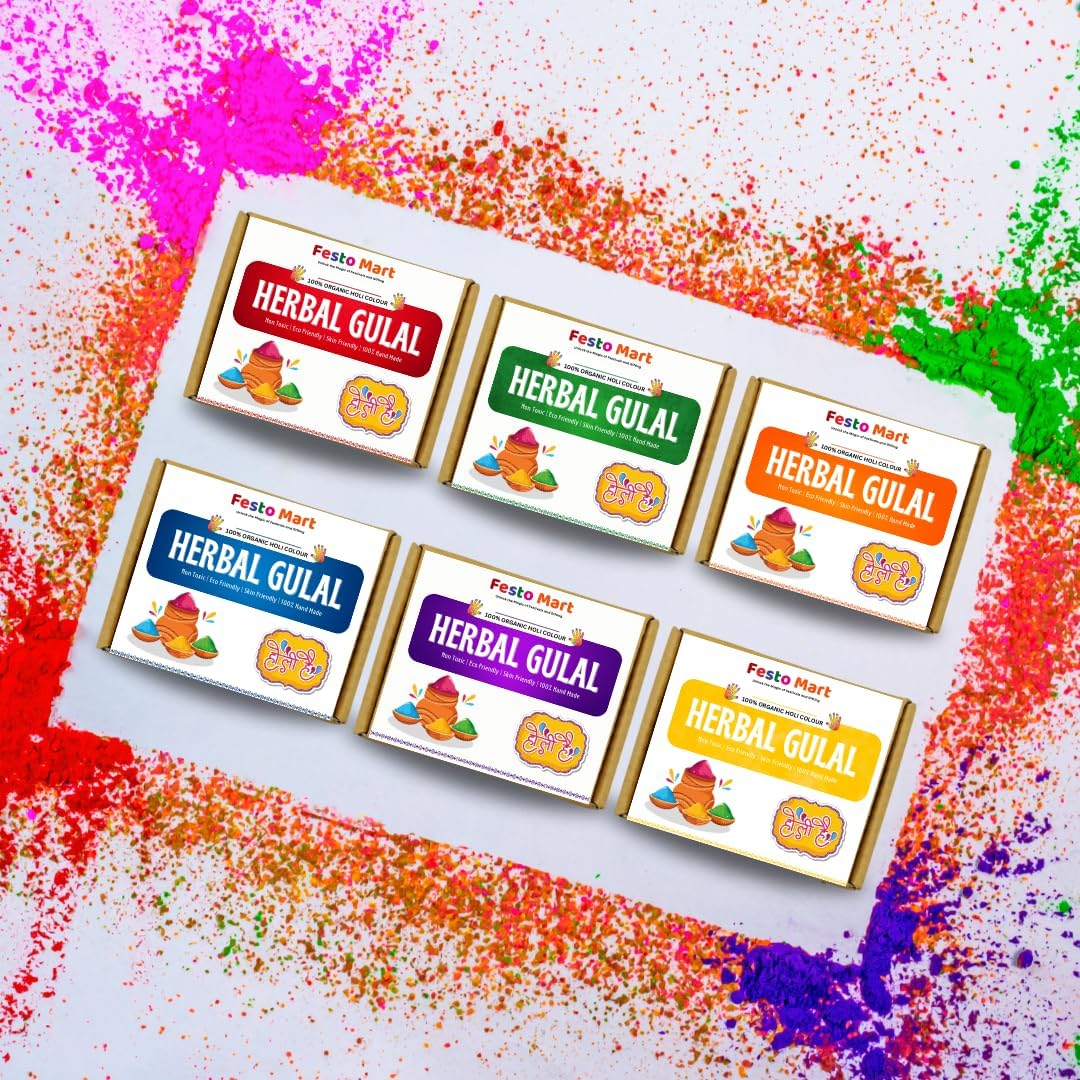 Festomart Pure Natural Herbal Gulal Holi Colour - Skin Friendly Organic Scented Easy Removal Holi Colours Gulal - Non Toxic Herbal Gulal, Pack of 6, 80 Grams, Multi Colour
