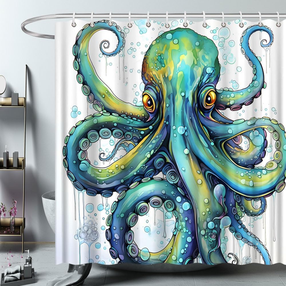 Octopus Shower Curtain Funny Blue Teal Sea Kraken Ocean Theme Nautical Marine Life Tentacle Animal Bathroom Polyester Curtains Set with Hooks 75x70 Inch