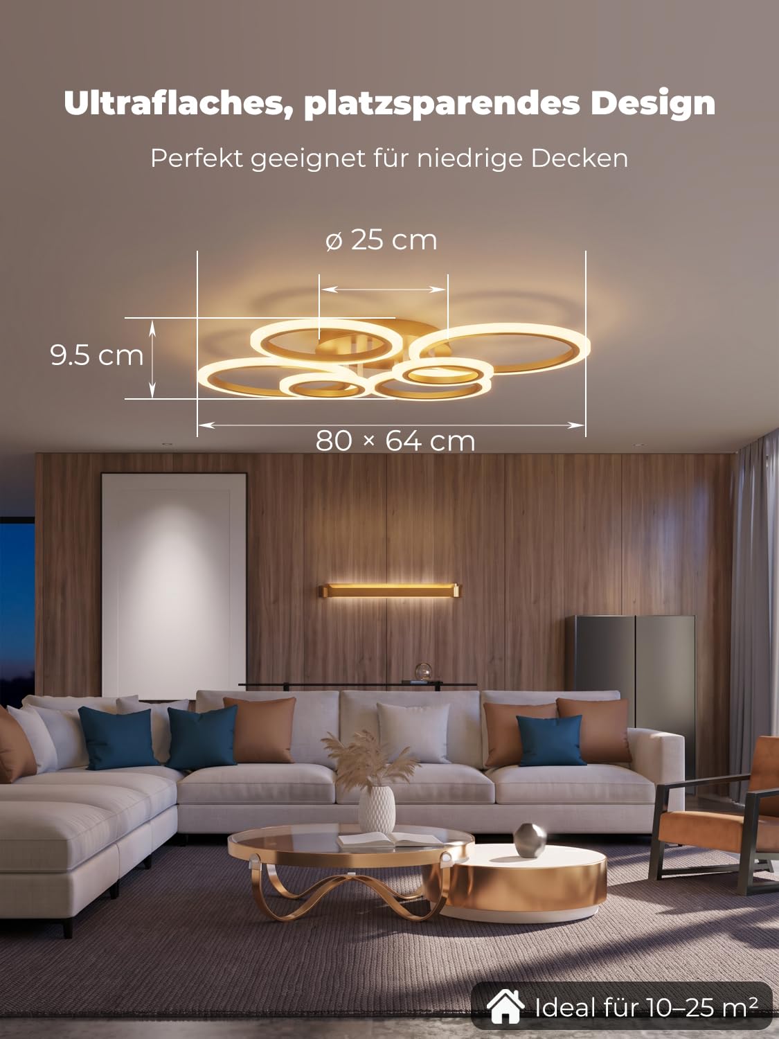 LED Deckenleuchte Dimmbar, Smarte Deckenlampe mit Fernbedienung & App, Kompatibel mit Alexa, Modernes 6 Ringe Design, 3000K-6500K CCT für Wohnzimmer, Schlafzimmer, Gold