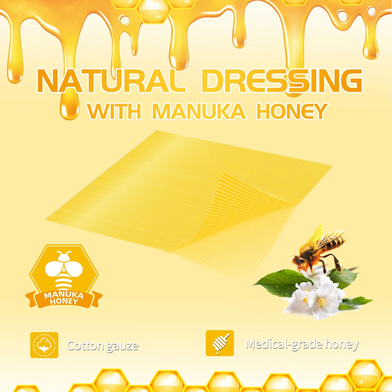 Honey Gauze Dressing – 4"x4" 10Pcs/Box –Manuka Honey, Breathable, Non-Stick– for Chronic Wounds, Post-Surgery, Pressure Injuries, Skin Tears, Burns, Cuts