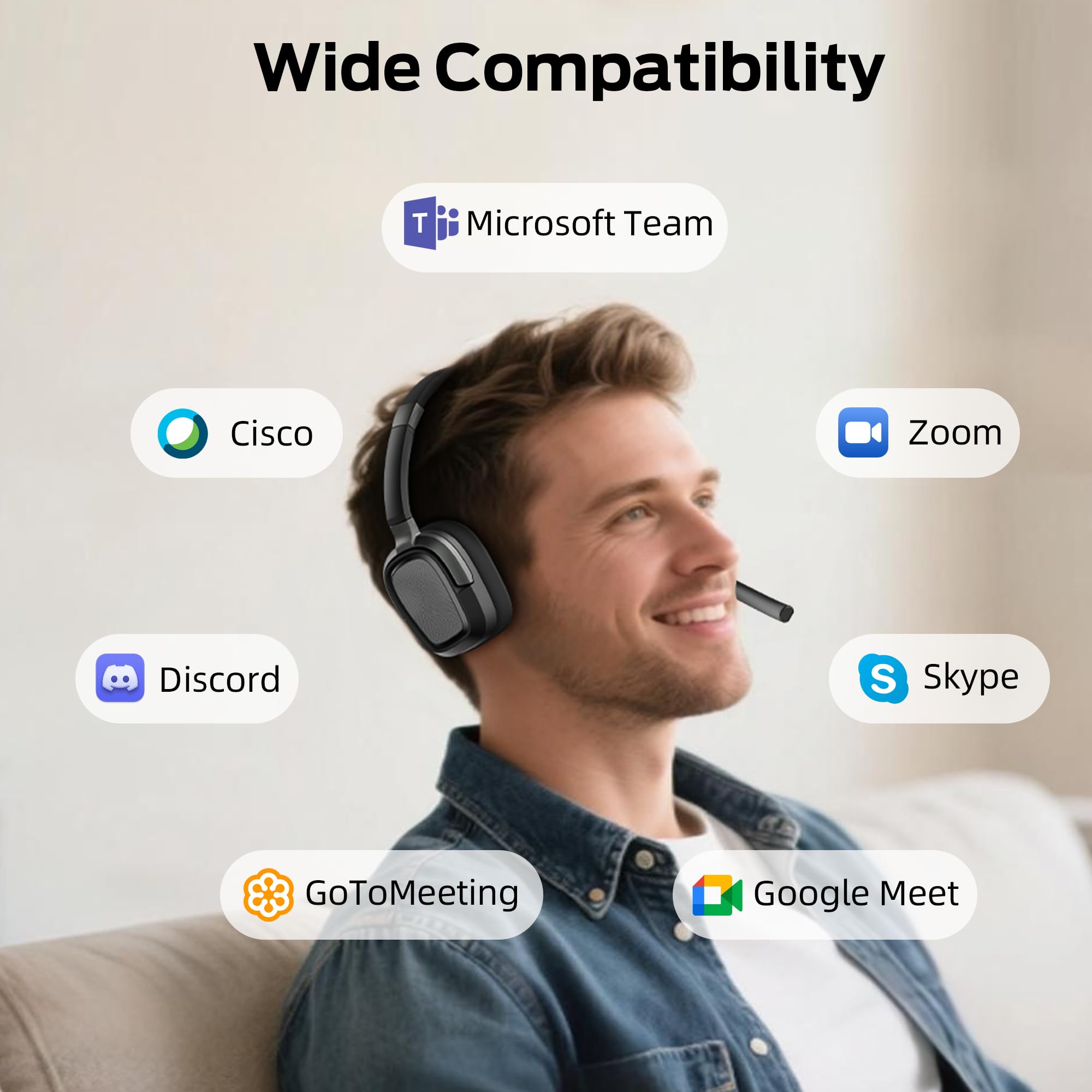 Monster VoiceLink 200 Wireless Headset with Mic, Bluetooth V5.4 Headphones with AI Noise Cancelling Mic & USB Dongle, 60H Playtime & Mic Mute for Computer/Laptop/PC/iPhone/Android — view 7