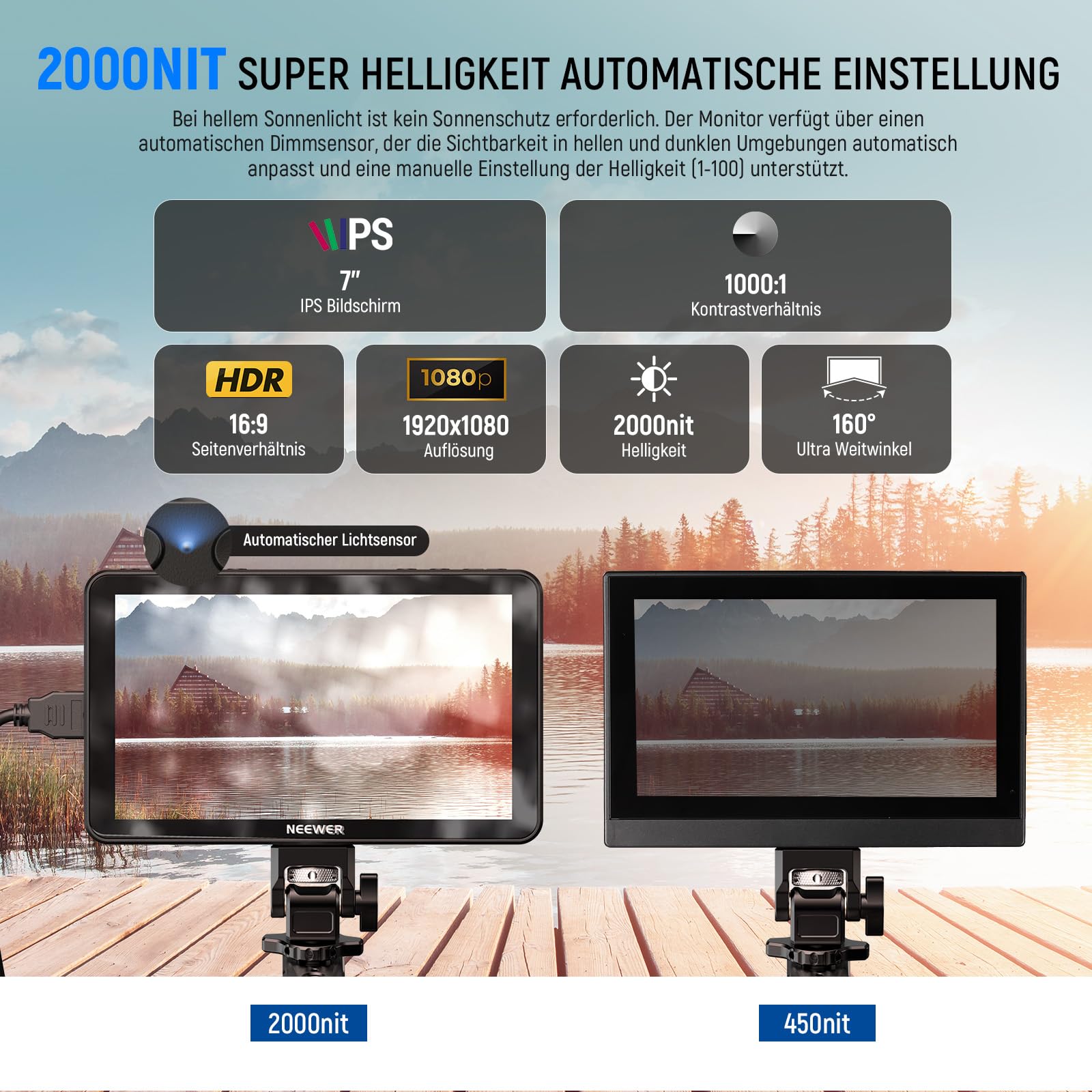 NEEWER F700 7Zoll Kamera Feld Monitor, 2000nit HD 1920 x 1080 IPS Touchscreen, 3D LUT, 4K HDMI Loop in/Out Peak Focus DSLR Video Assist HDR Waveform, Cold Shoe Mount, 2 NP-F750 Akkus, Reinigungstuch