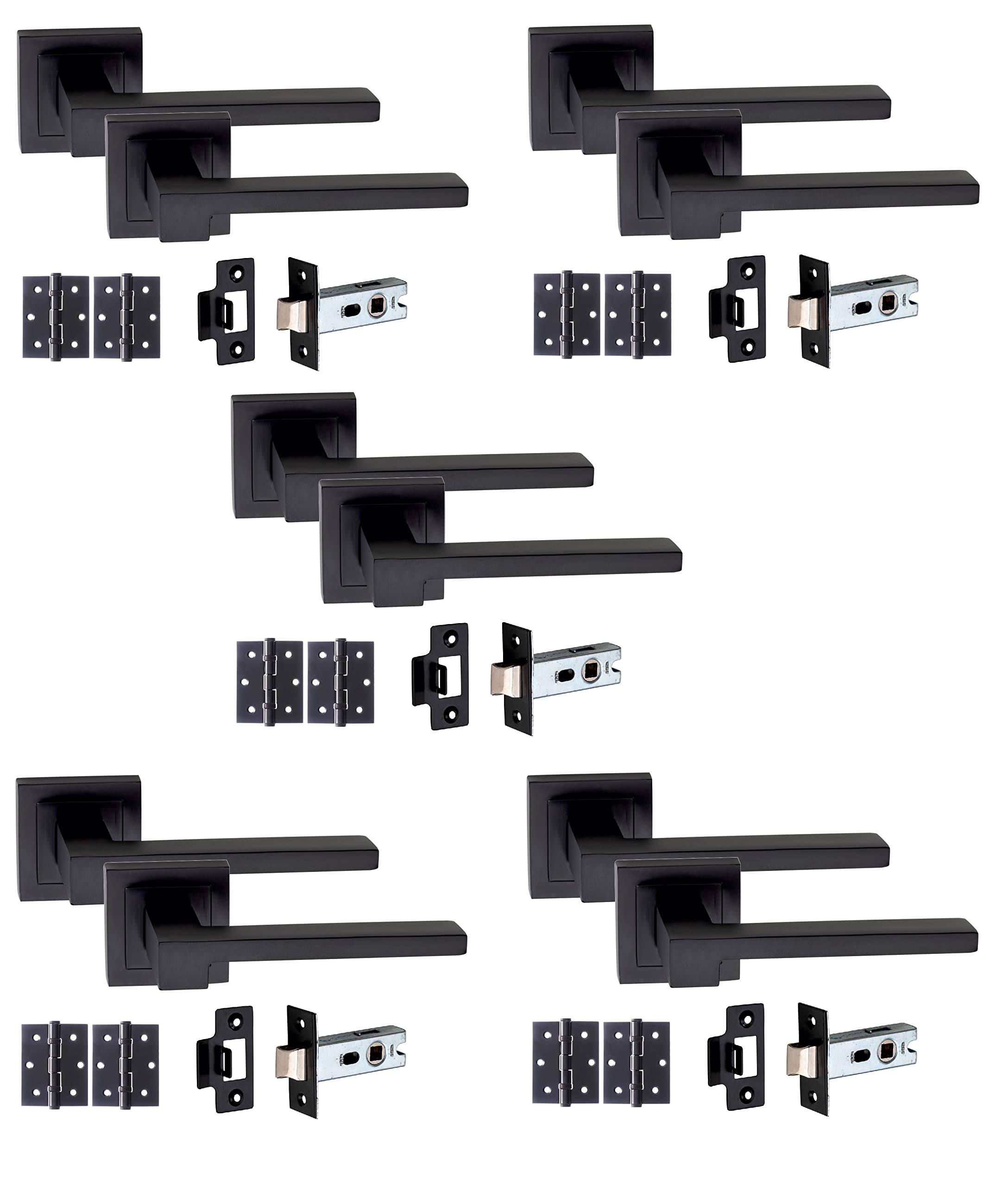 Golden Grace Matt Black Door Handle On Square Rose Zeta Design Lever Latch Handle Sets W Tubular Latch And Pair Of 3" Ball Bearing Hinges Matte Black/Bathroom Set/Key Lock Set (5 Sets)