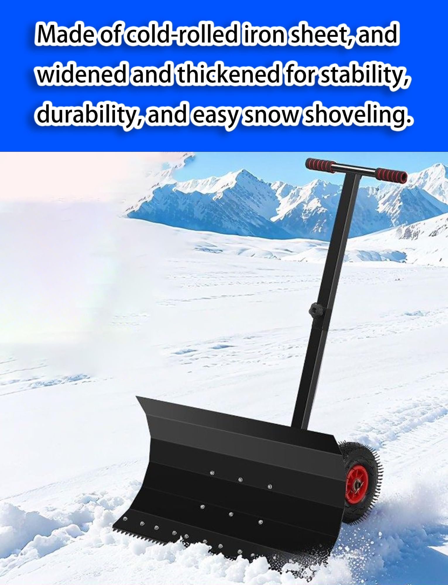 Empujador de nieve manual con ruedas, pala de metal ajustable para quitar sin elevación en la entrada y la acera