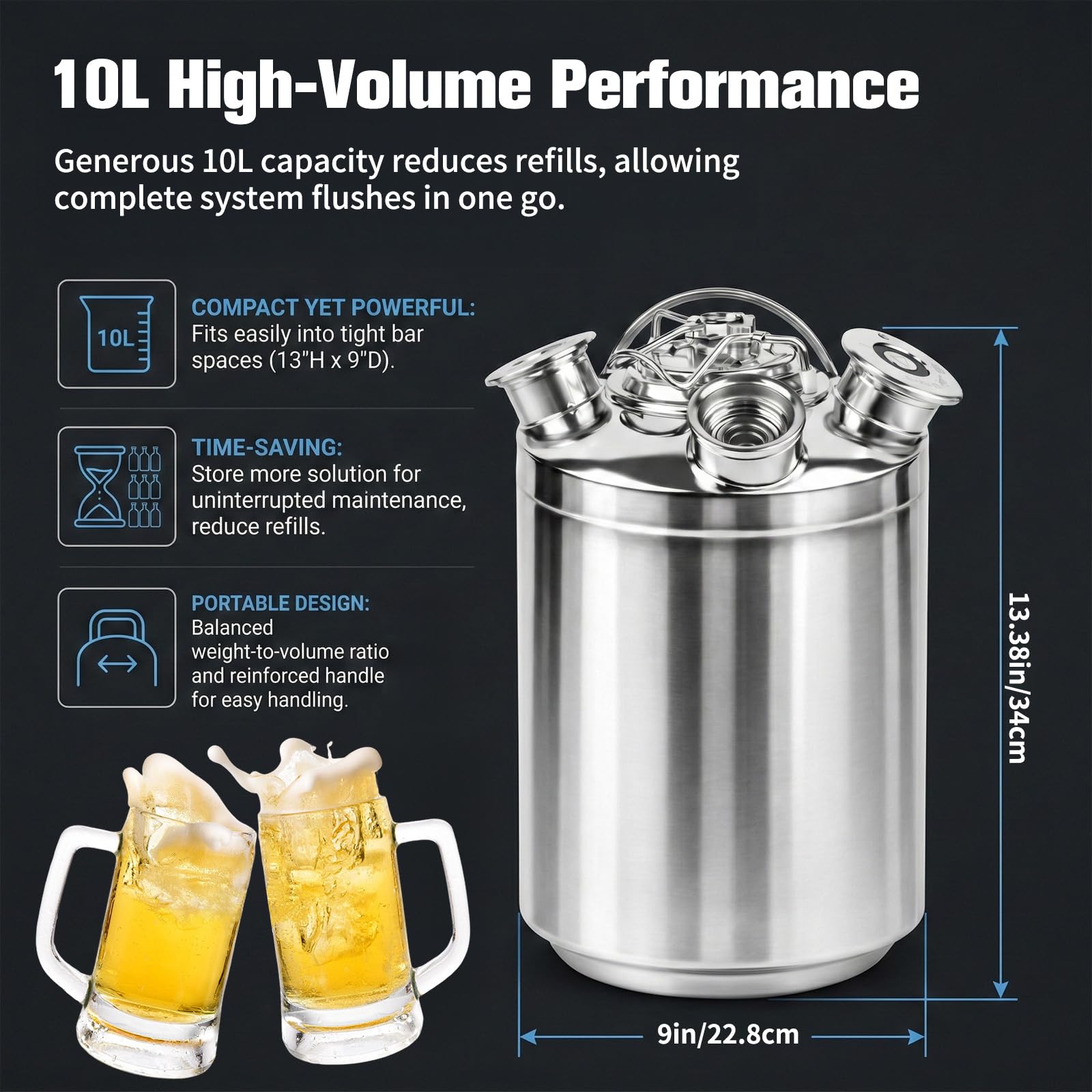 10L Bierreinigungsfass Edelstahl, Professionelles Reinigungsfass für Bierzapfanlagen mit Deckel und 3 Keg-Spießen (A, G, S), Reinigungsbehälter aus rostfreiem Stahl für Brauereien und Gastronomie