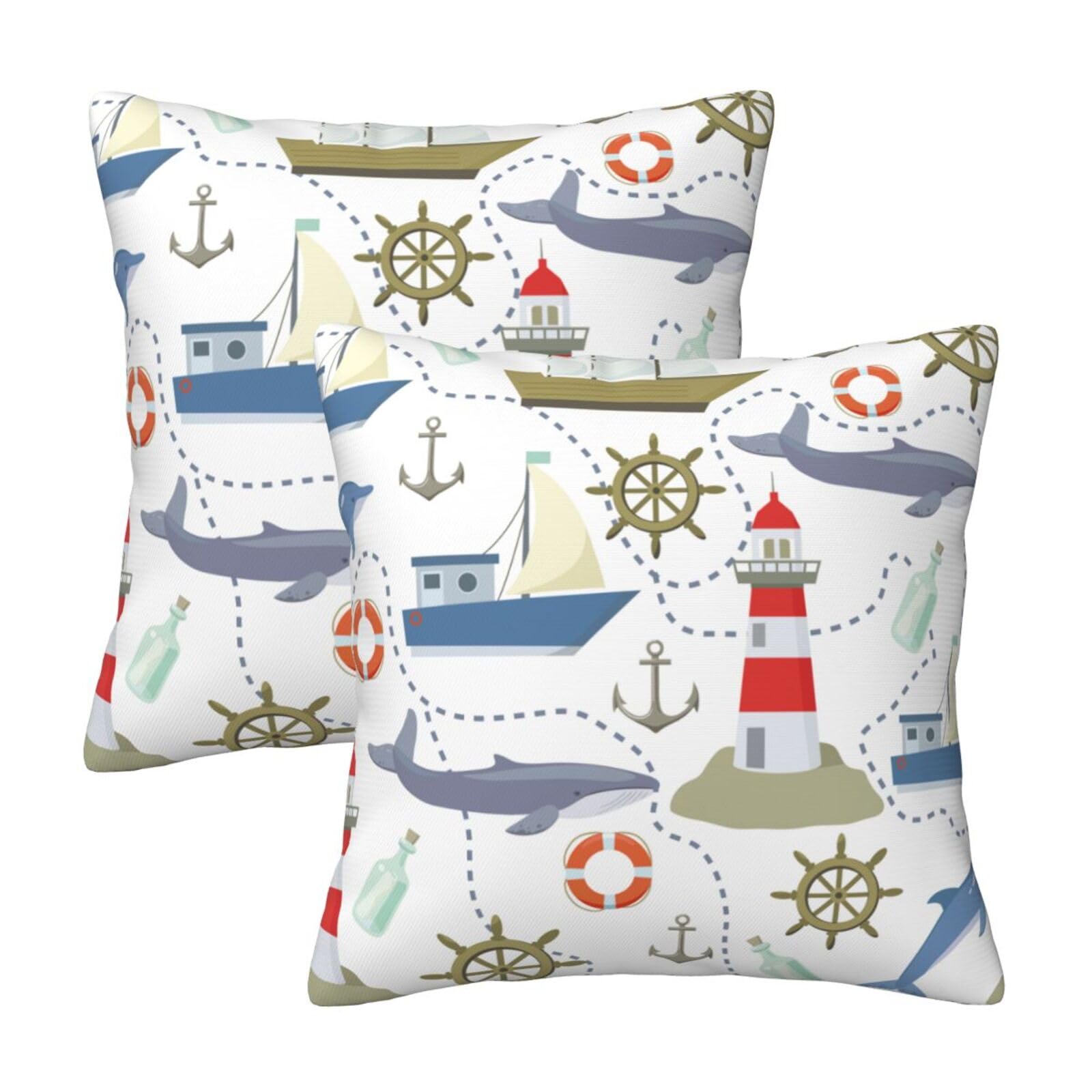 Gearsly Cushion Covers 2 Pack 16"x 16",Nautical Anchor Lighthouse Dolphins Pillow Cases Square Outdoor Decorative Thorw Pillow Covers,Pillowcases for Living Room Sofa Office Car Decor 40x40 cm