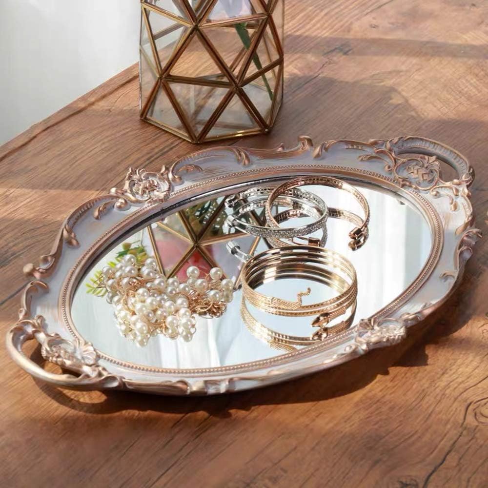 Oval Vintage Decorative Mirror Tray, Jewelry Dresser Organizer Tray, Cosmetics Makeup Storage Organizer, Serving Tray (9.8”x 14.6”) Gray - Image 7
