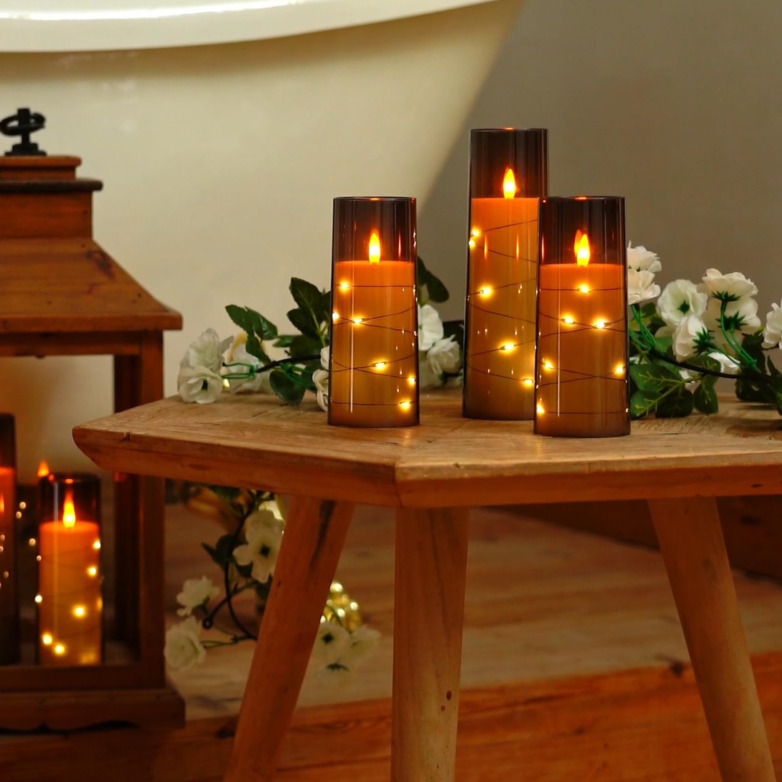 Homemory Candele senza fiamma tremolanti rosa con luci a corda, a batteria, luci a LED, candele infrangibili in vetro con telecomando, set di 3