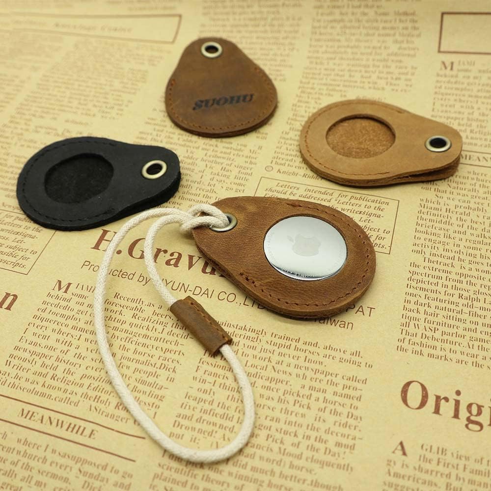 suohu leather case for airtag ultra light leather holder sleeve for airtag with lanyard genuine leather airtag holder for apple airtag finder items