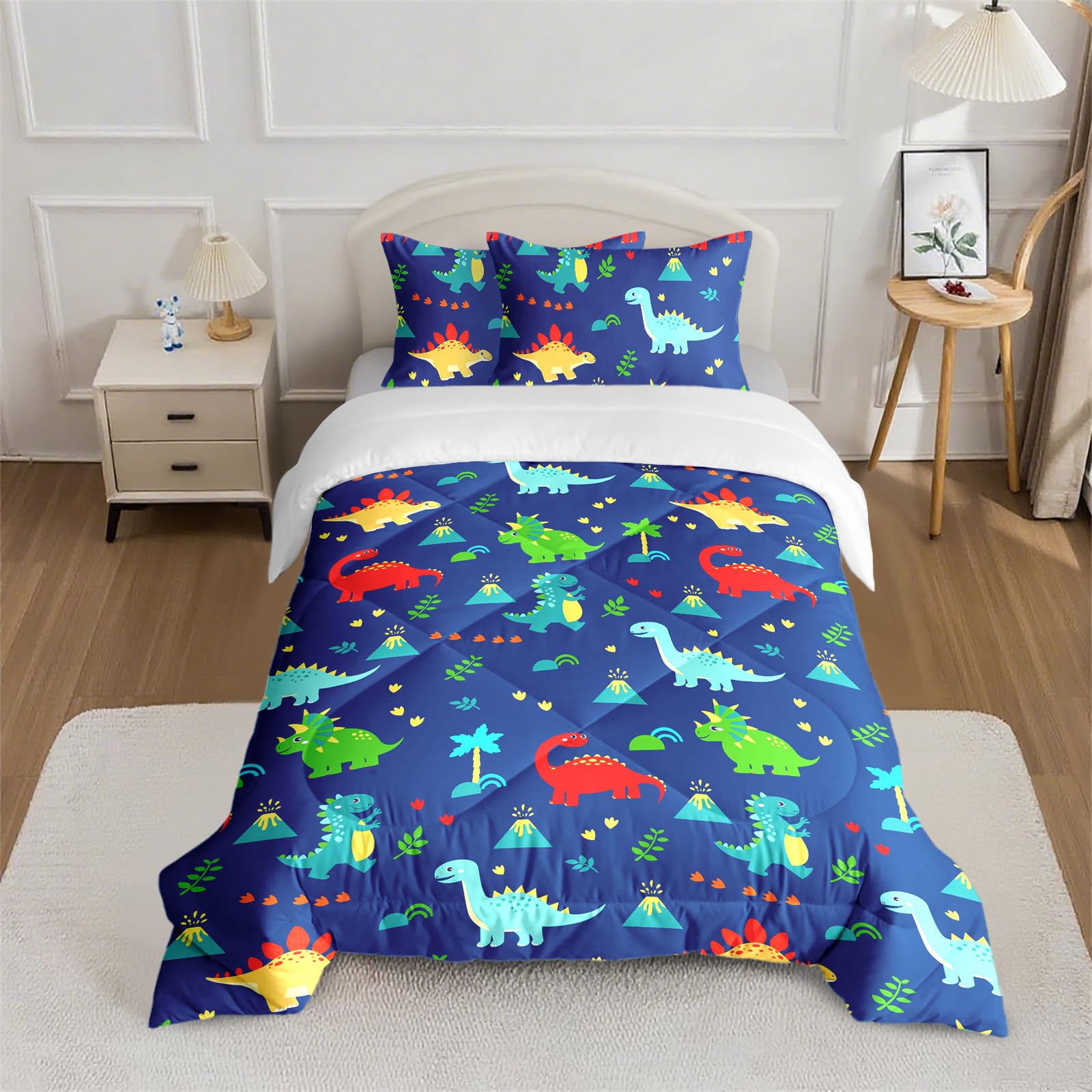 Kids Single Coverless Duvet for All Seasons, Single Quilt with Dinosaur and Tree 3D Patter...