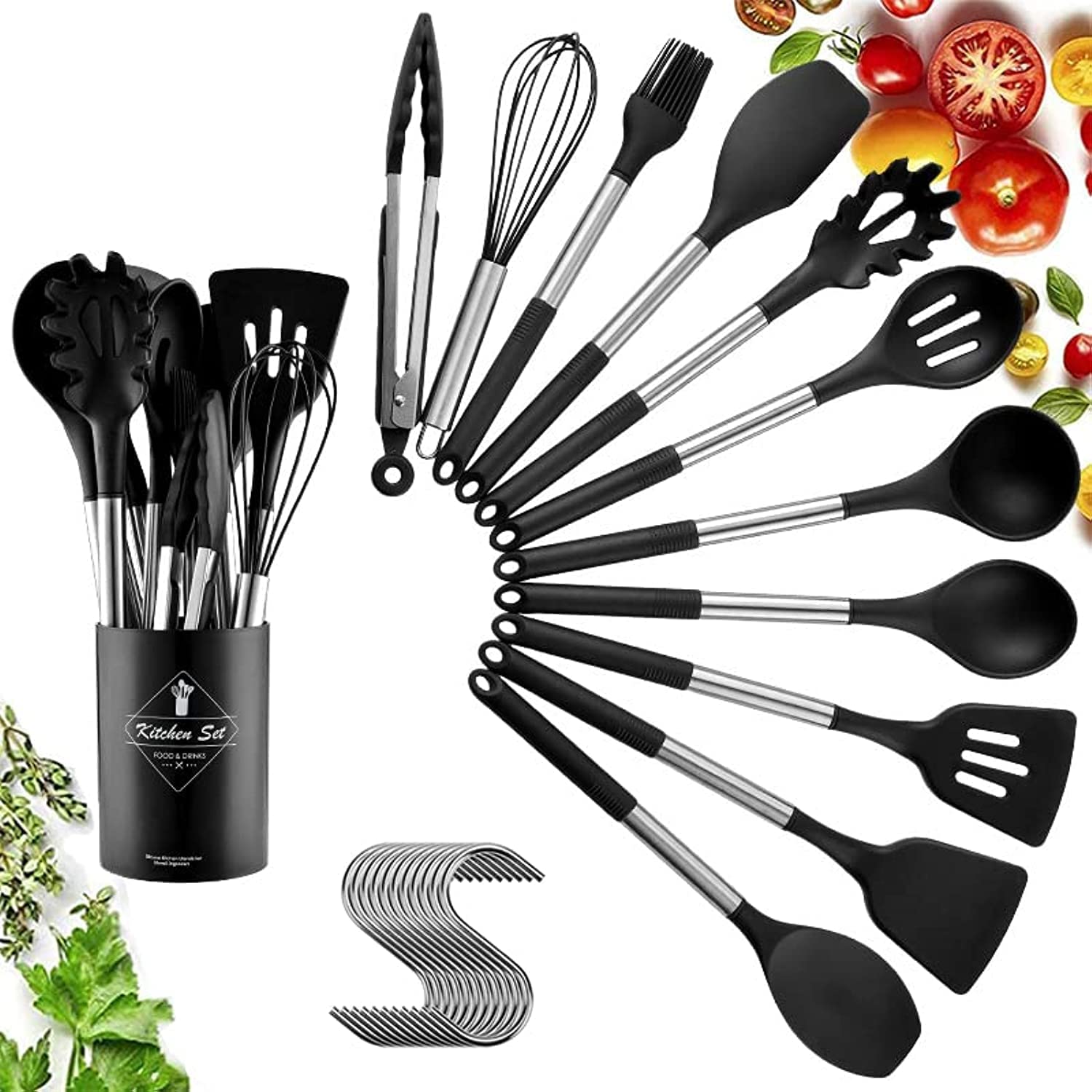 Arabest 12 PCS Silicone Kitchen Cooking Utensils Set Non-stick Cookware Kitchen Tools Set with 10 Hooks (Black)