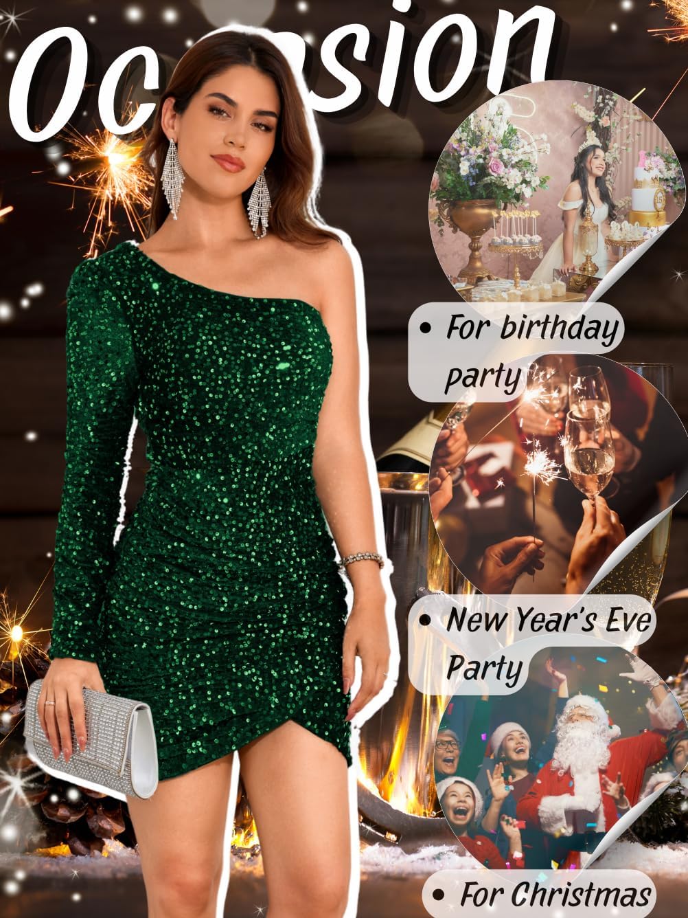 Kaei&Shi Sequin Wrap Dress,One Shoulder Velvet Short Prom Dresses,Sparkly Outfits for Women Homecoming Cocktail Party - Image 7