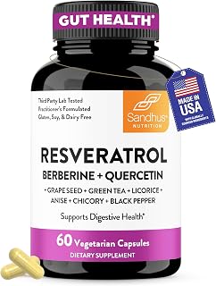 Resveratrol with Berberine Supplement For Gut Health Support | 60 Digestive Capsules For Women & Men | With Green Tea Extract, Star Anise, DGL, Grape Seed & Quercetin | Helps Ease Bloating & Digestion