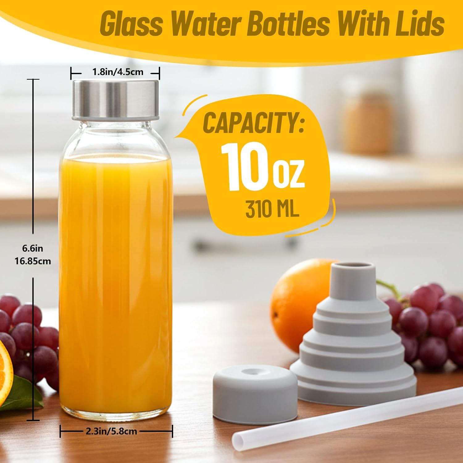 10 oz Clear Glass Bottle with Lid, Reusable Glass Water Bottles with Stainless Steel Cap & Straws for Juicing, Milk, Ginger & Smoothies, Refrigerator, Leak-Proof, Juice Containers Set of 6 - Image 4