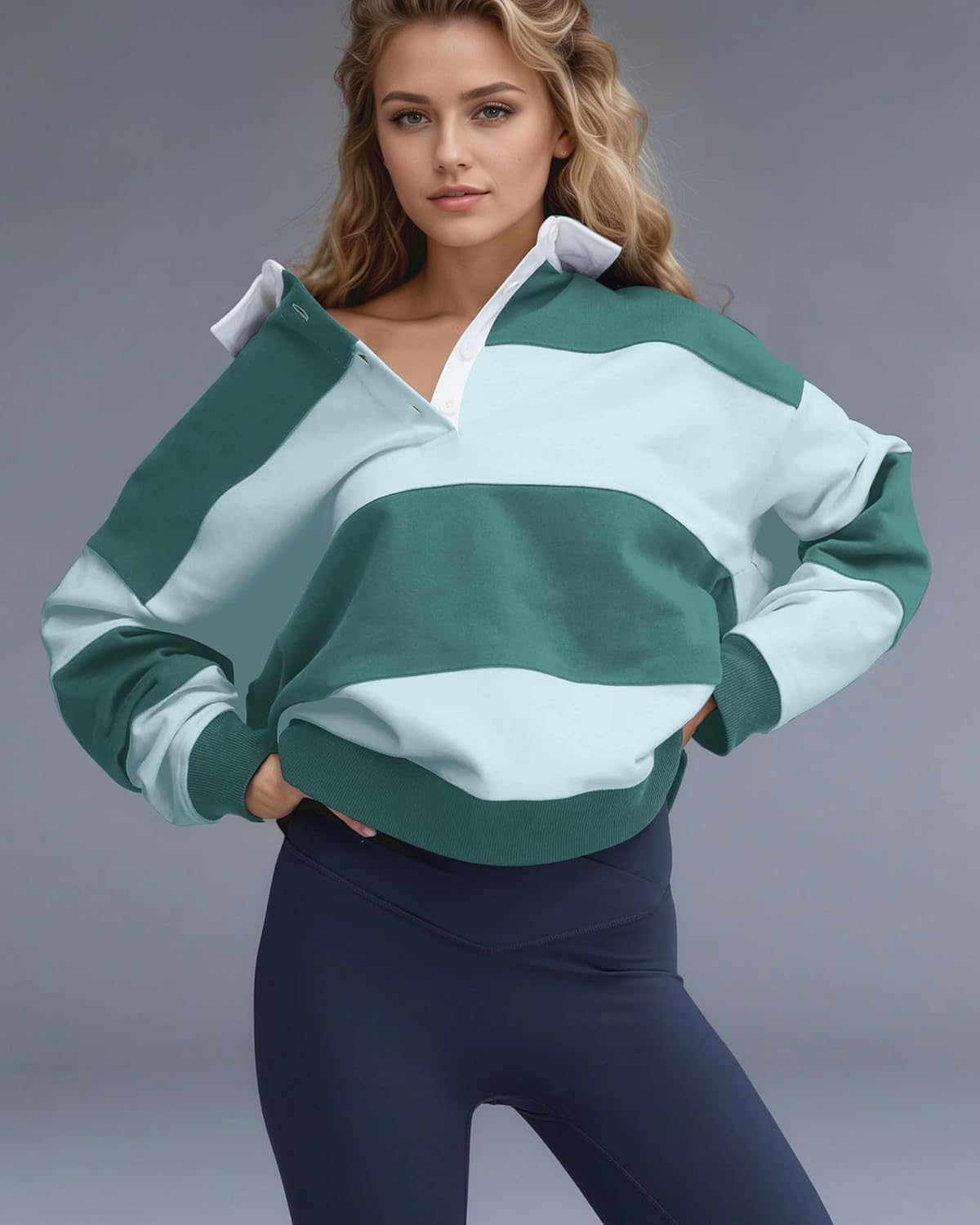 MISSACTIVER Women’s Striped Color Block V-Neck Polo Sweatshirt Oversized Long Sleeve Rugby Shirt Lapel Collared Pullover - Image 3